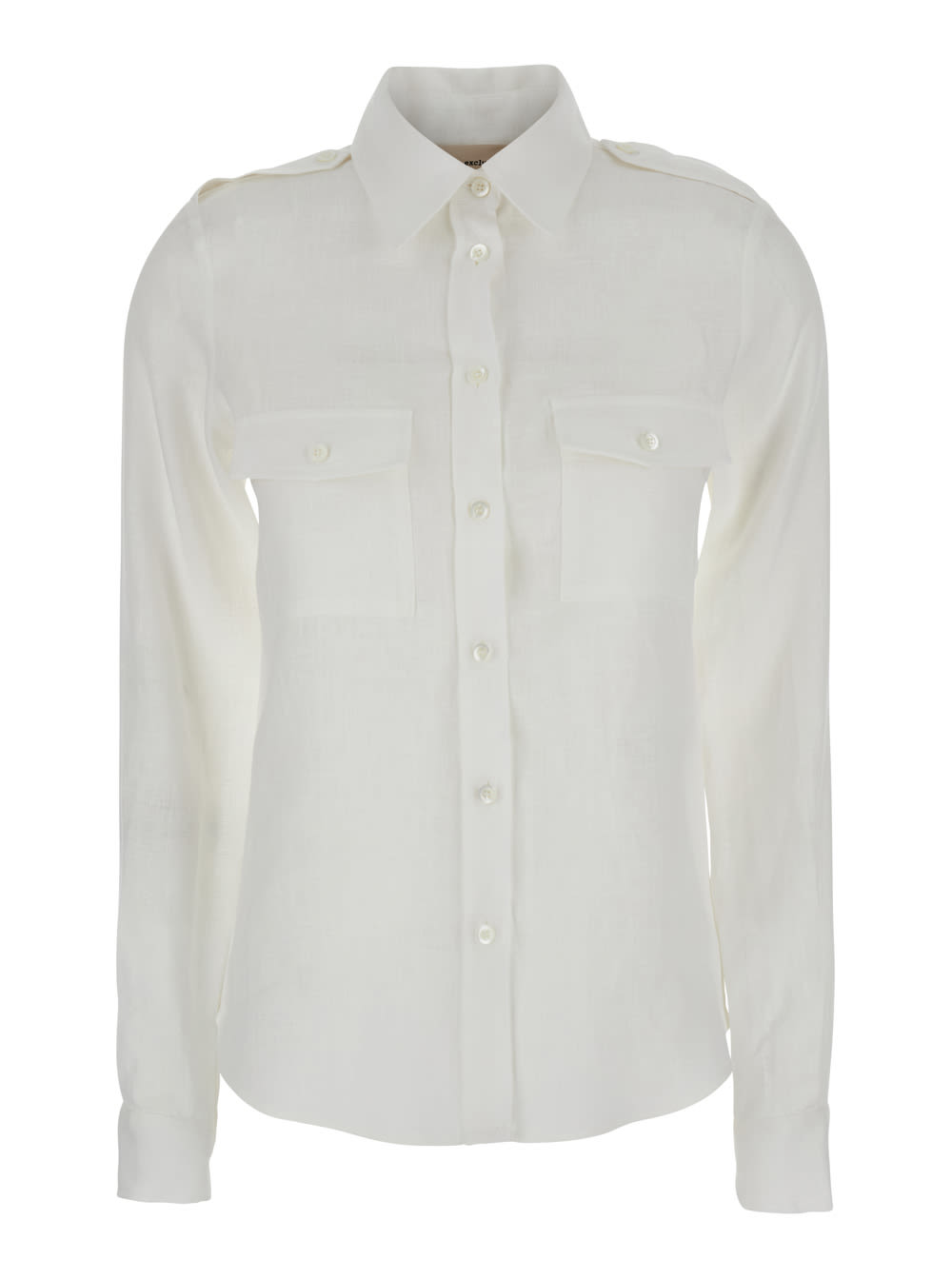 White Shirt With Pointed Collar And Patch Pockets On The Chest In Linen Woman