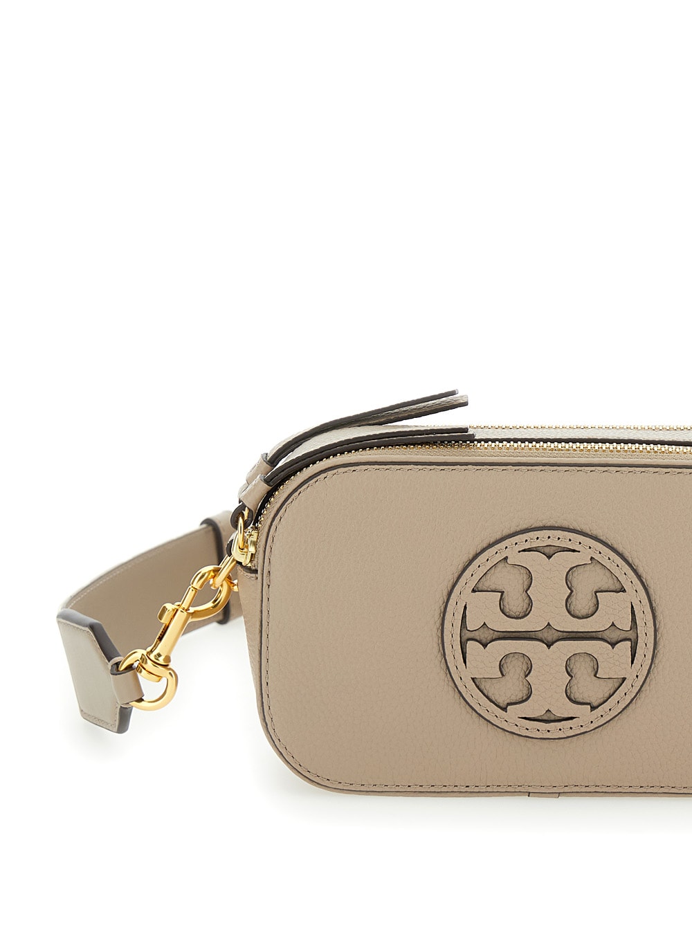 Shop Tory Burch Miller Mini Beige Crossbody Bag With Logo Detail In Leather Woman In Grey