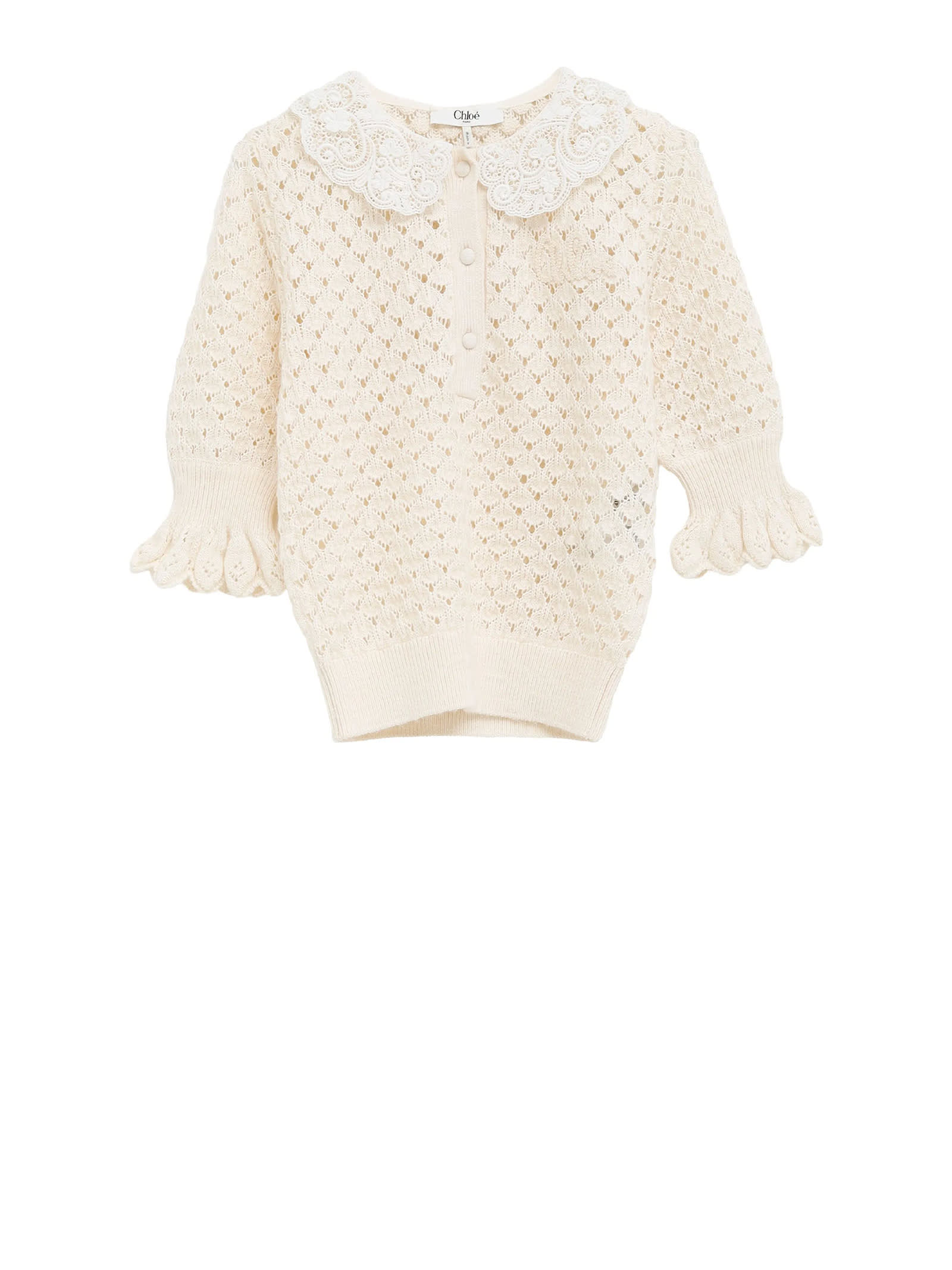 Chloé Polo Shirt With Lace Collar And Perforated Design In White