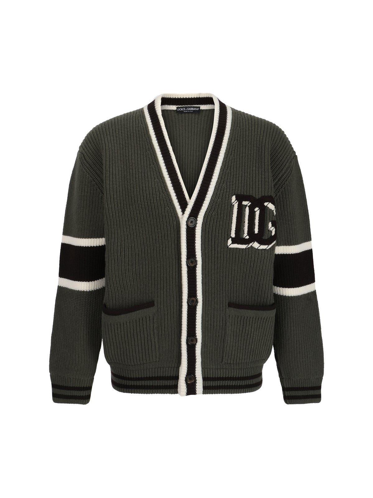 Shop Dolce & Gabbana Dg Logo Patch Rib-knitted Cardigan In Military Green