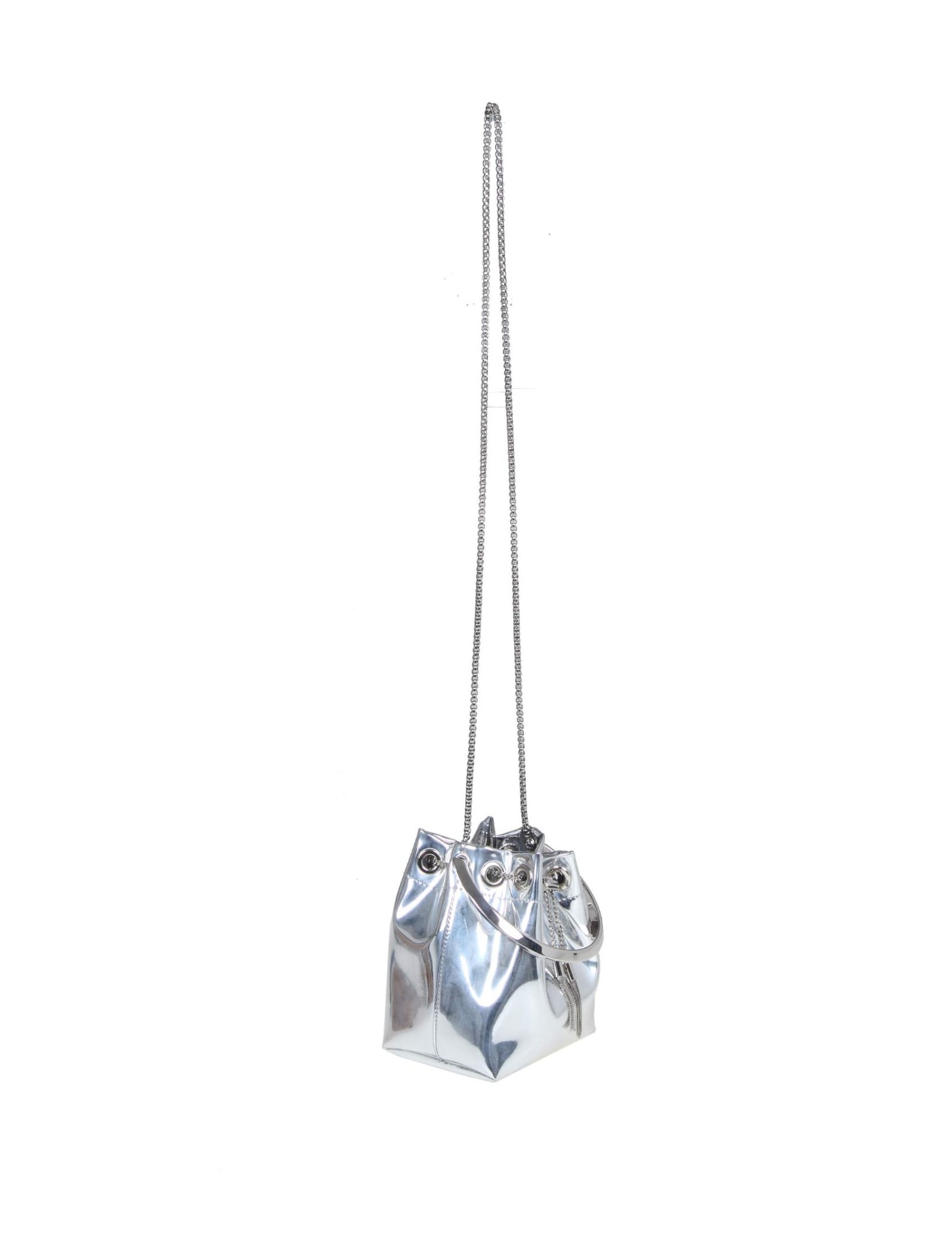 Jimmy Choo Structured Metallic Bucket Bag With Circular Handles In Silver