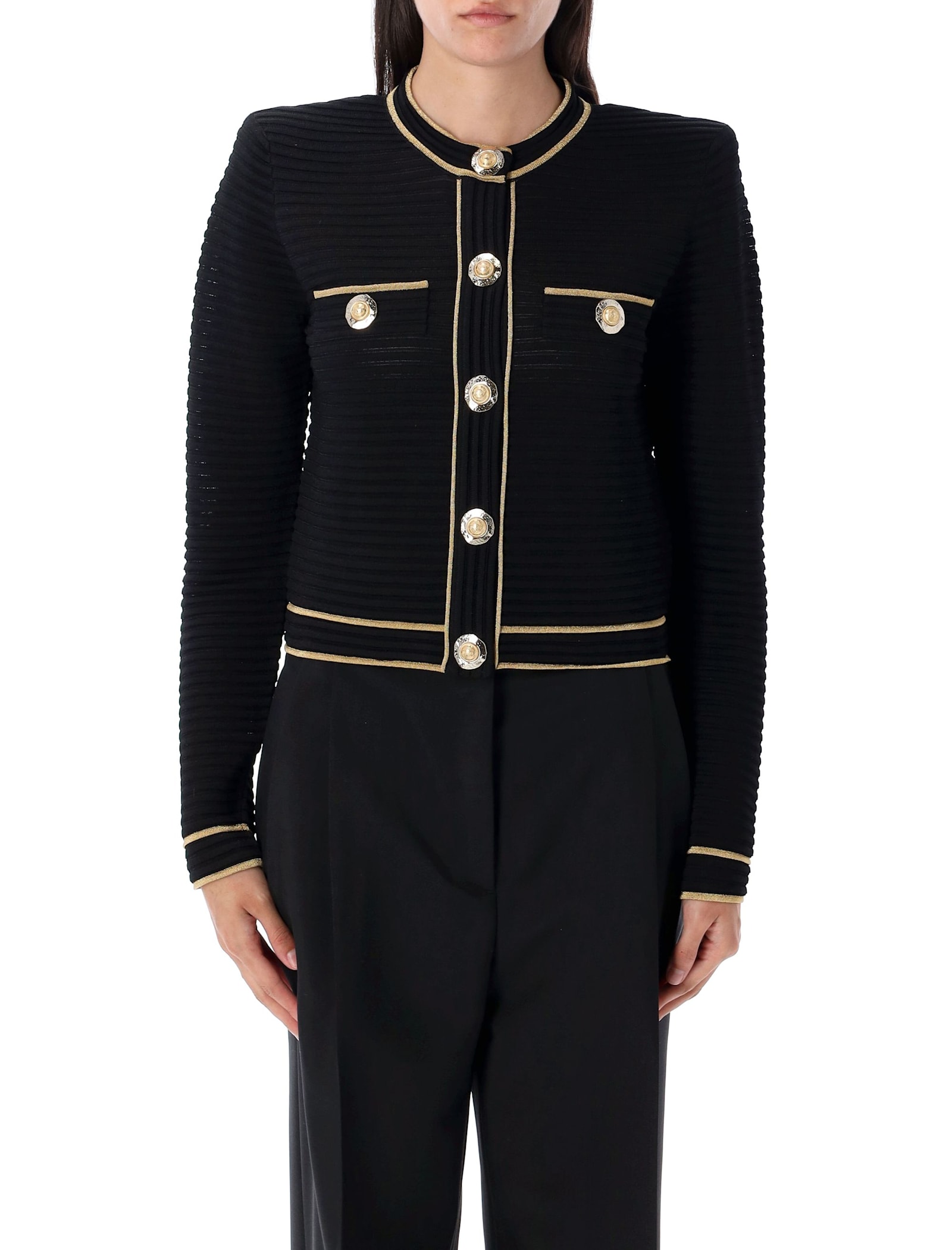 Balmain Ribbed Texture Buttoned Knit Cardigan In Black