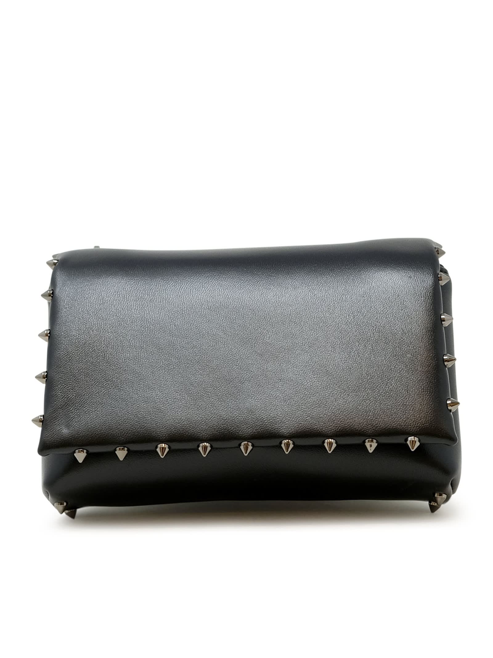 Black Soft Nappa Leather Spiky Pouch Bag