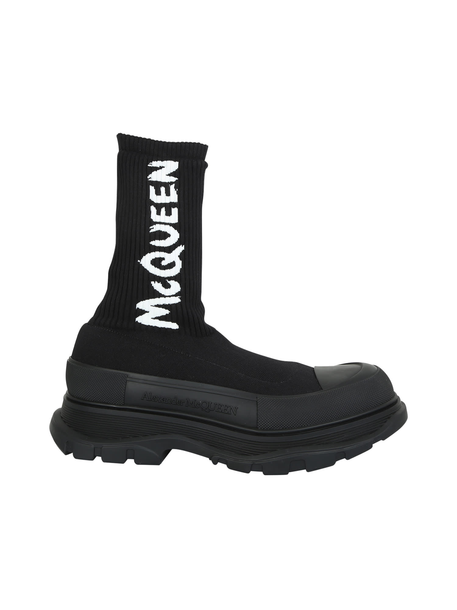 Alexander McQueen Boot Featuring A Ribbed Knit Sock Upper Finished With A Mcqueen Graffiti Signature And An Oversized Rubber Tread Sole.