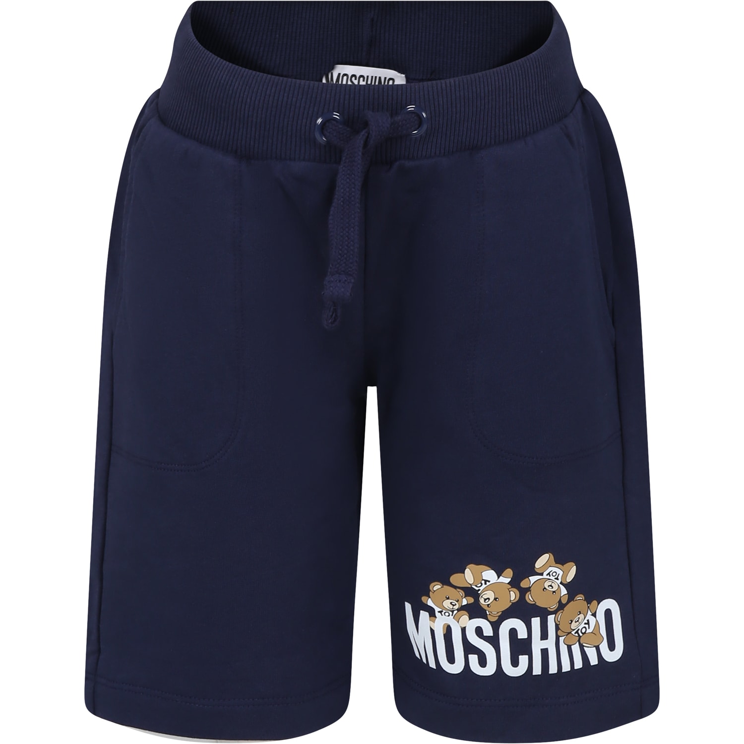 Shop Moschino Blue Shorts For Kids With Teddy Bears And Logo