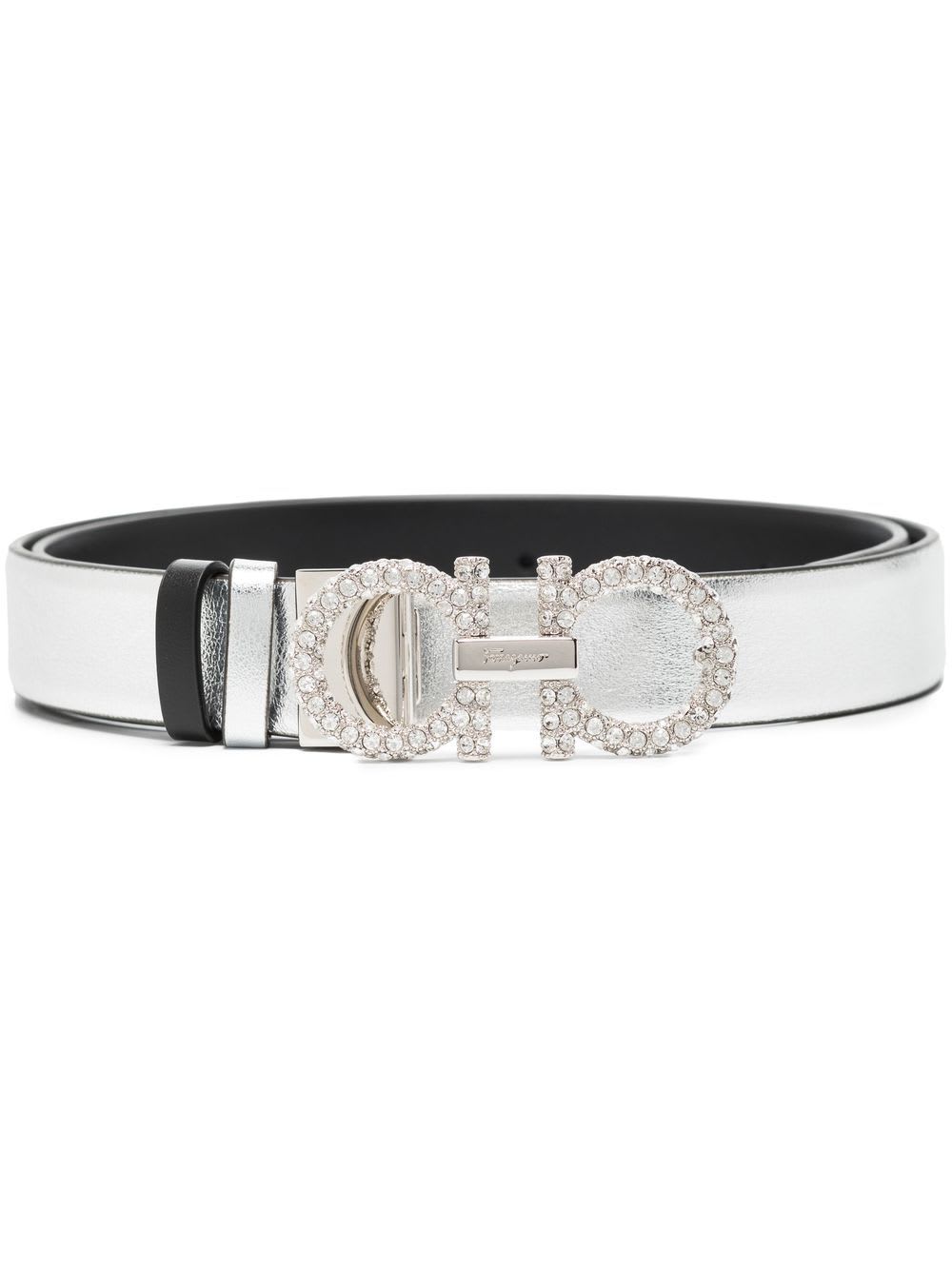 Ferragamo Gancini Strass Leather Belt In Brown
