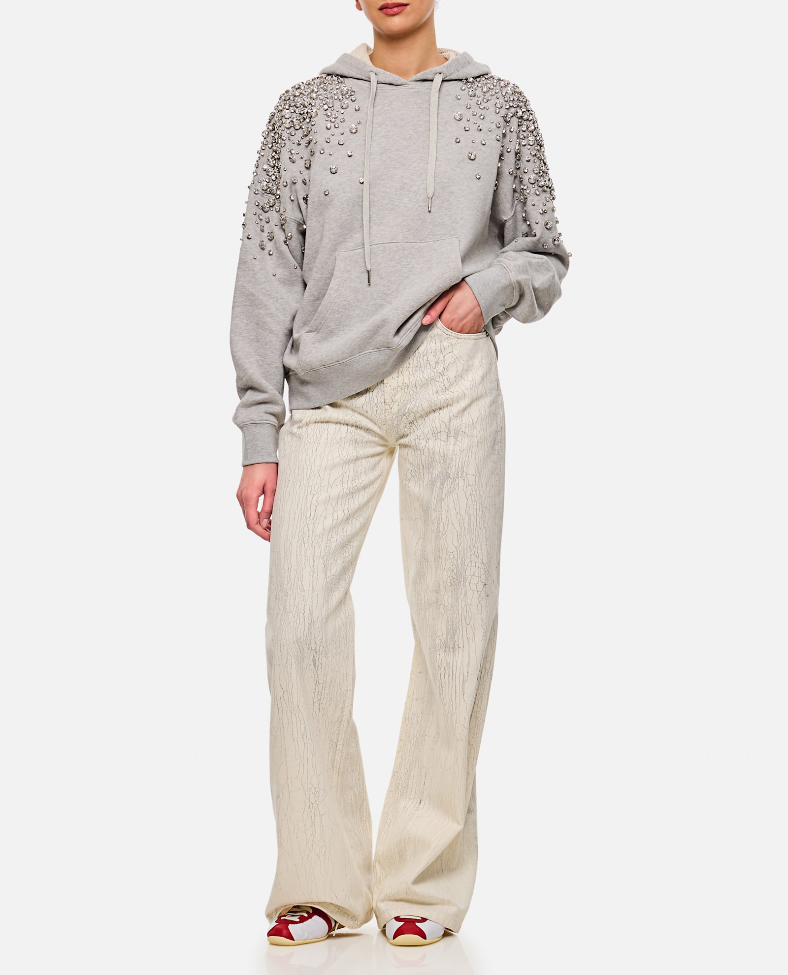 Halfboy Beige Crepe Pattern Wide Leg Jeans In White