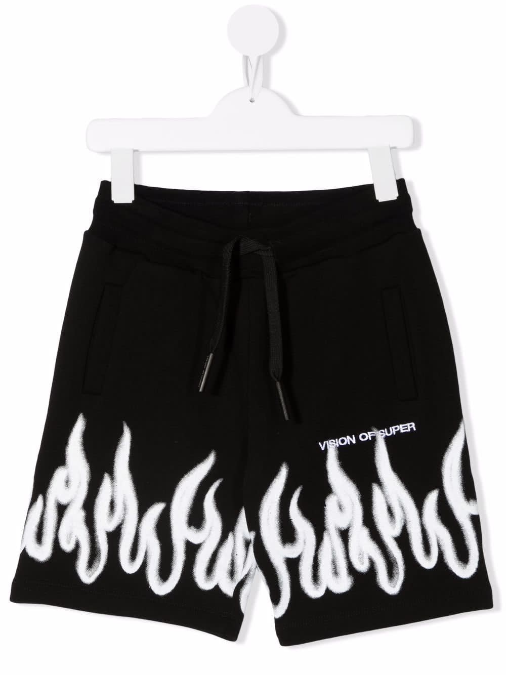 VISION OF SUPER KIDS BLACK SPORTS SHORTS WITH WHITE SPRAY FLAMES PRINT