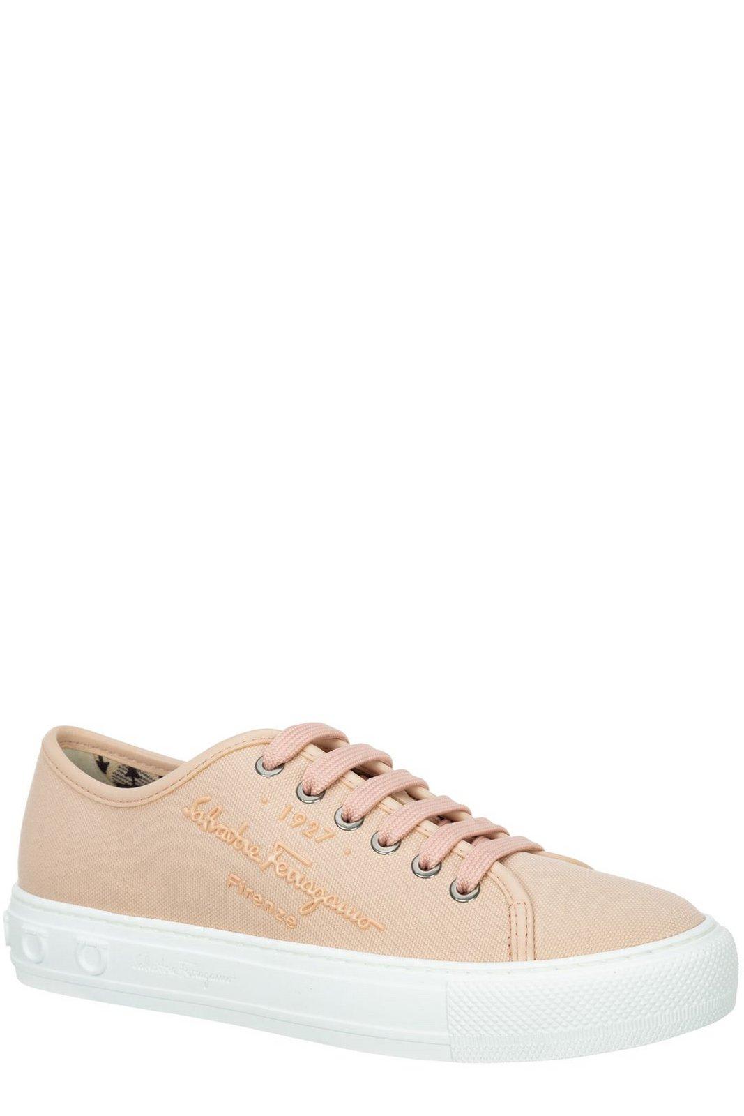 Shop Ferragamo Logo Embossed Lace-up Sneakers In Pink