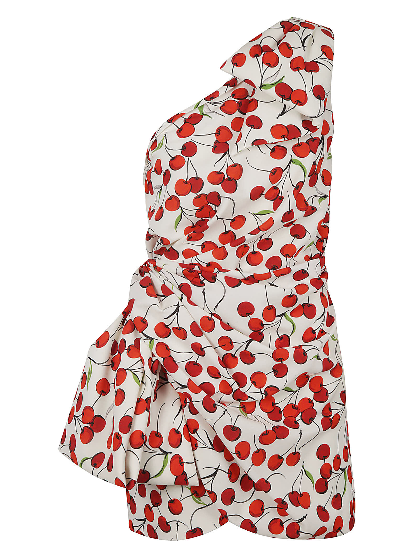 Saint Laurent One-shoulder Cherry Print Gathered Dress