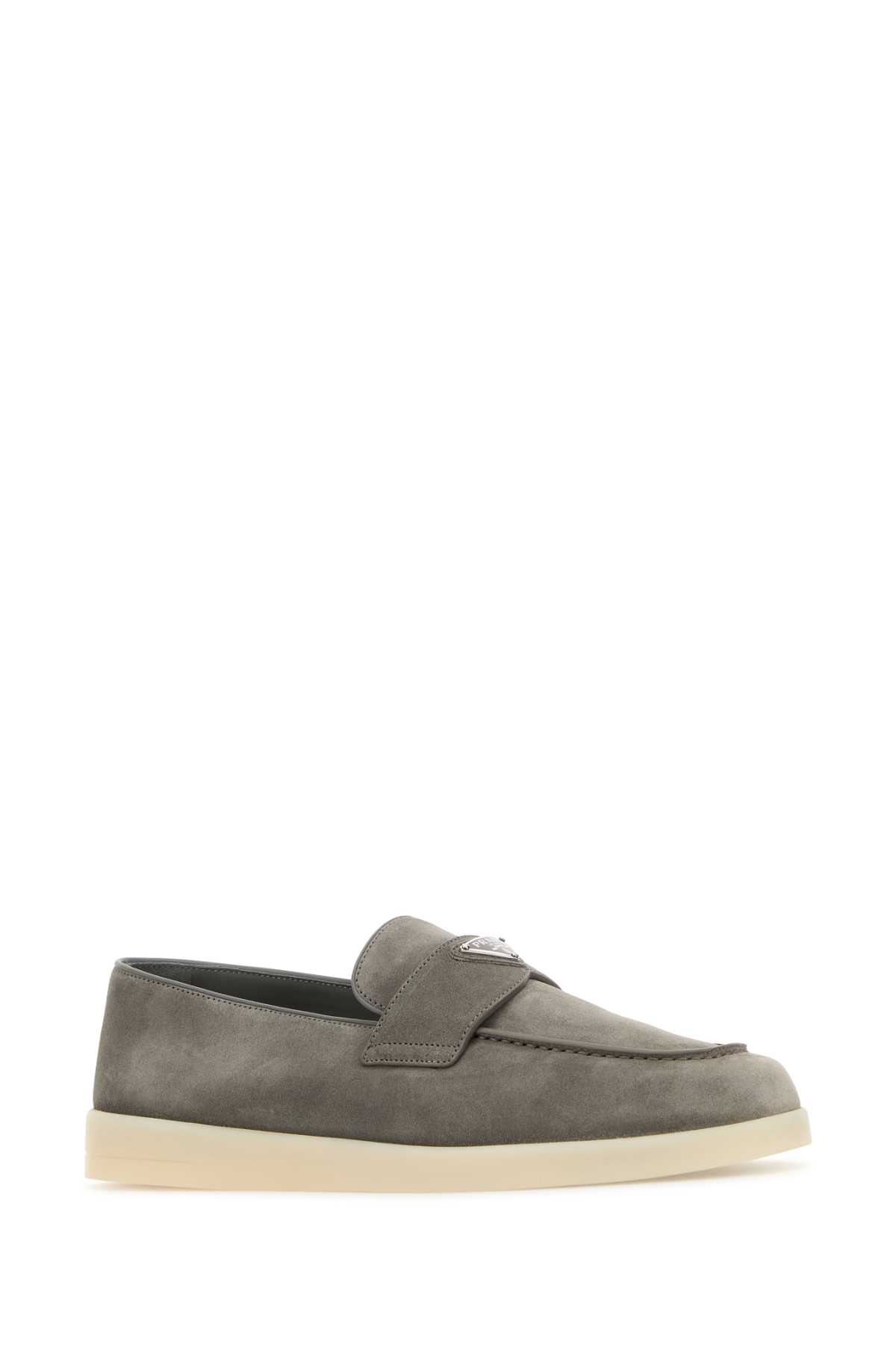 Shop Prada Grey Suede Loafers In Ghiaia