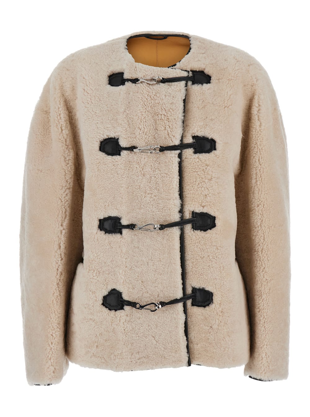 Shop Totême Teddy Beige Crewneck Jacket With Clasp Closure On The Front In Shearling And Leather Woman In White