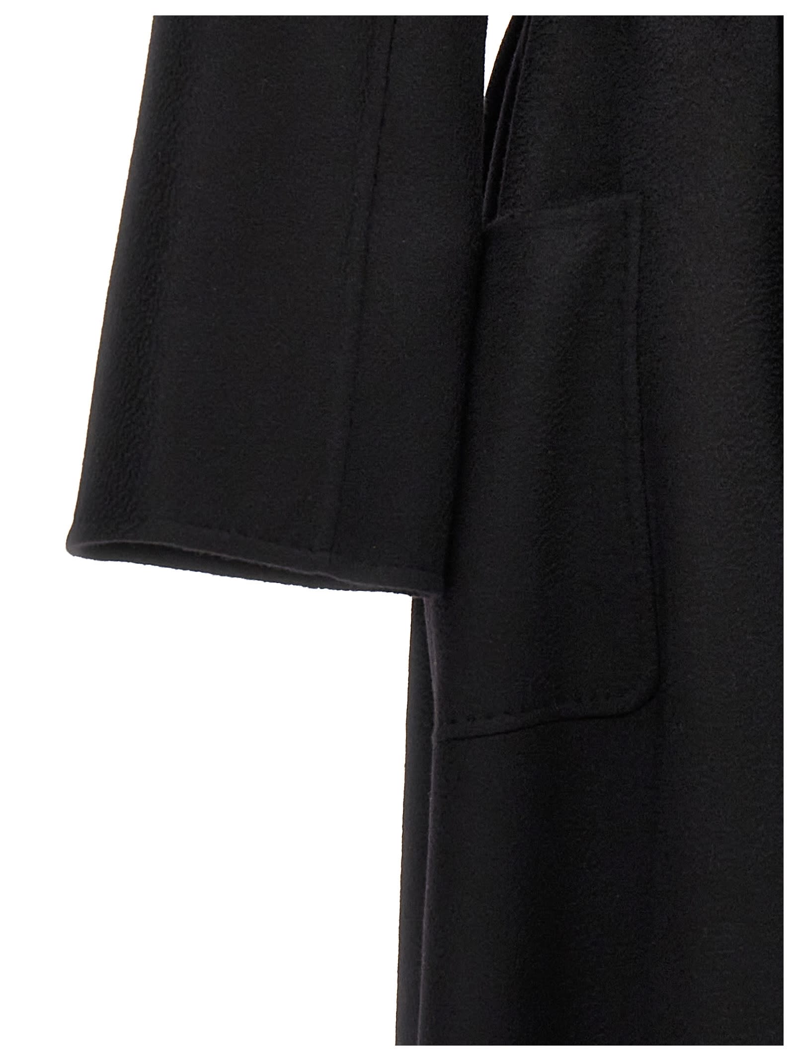 Max Mara Black Belted Long Coat With Notched Collar And Smooth Finish In Black