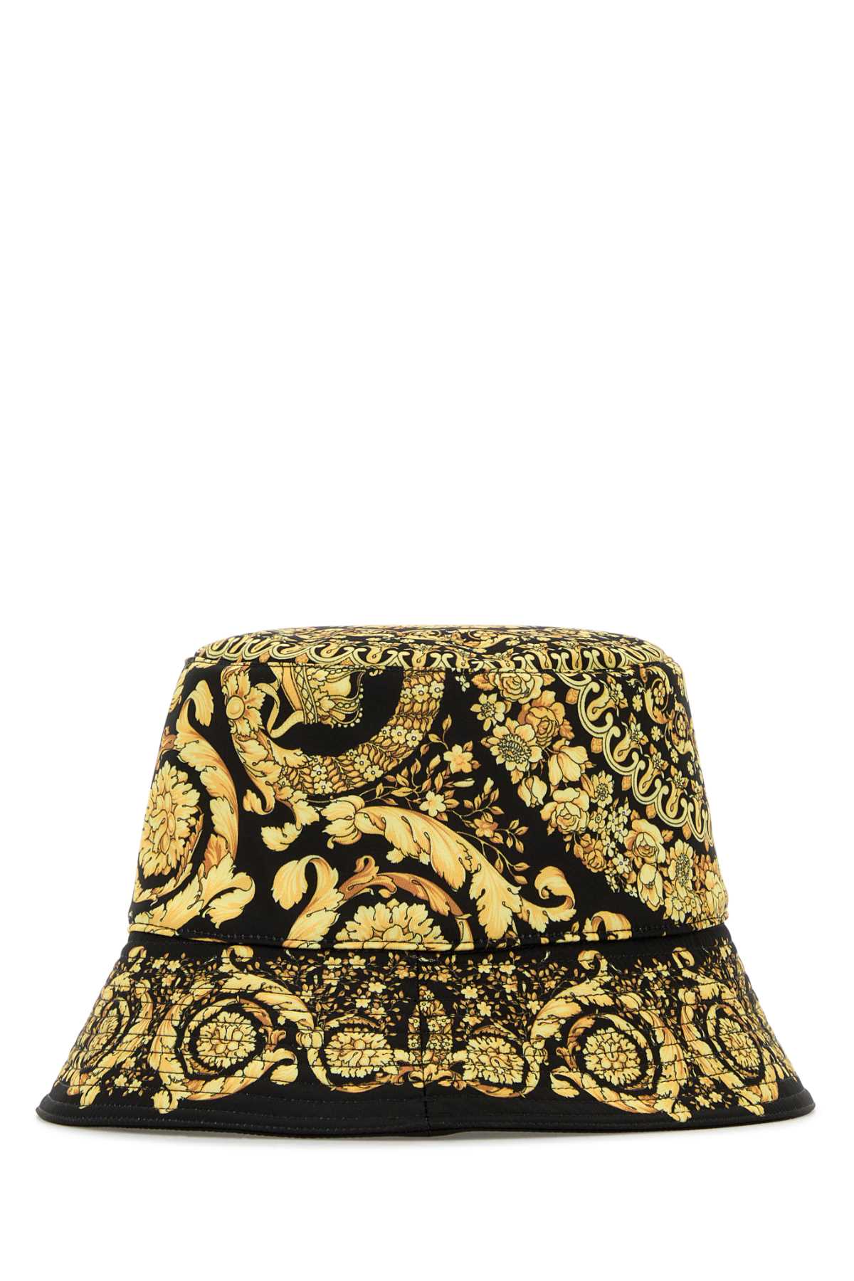 Versace Men Printed Polyester Bucket Hat In Blackgold