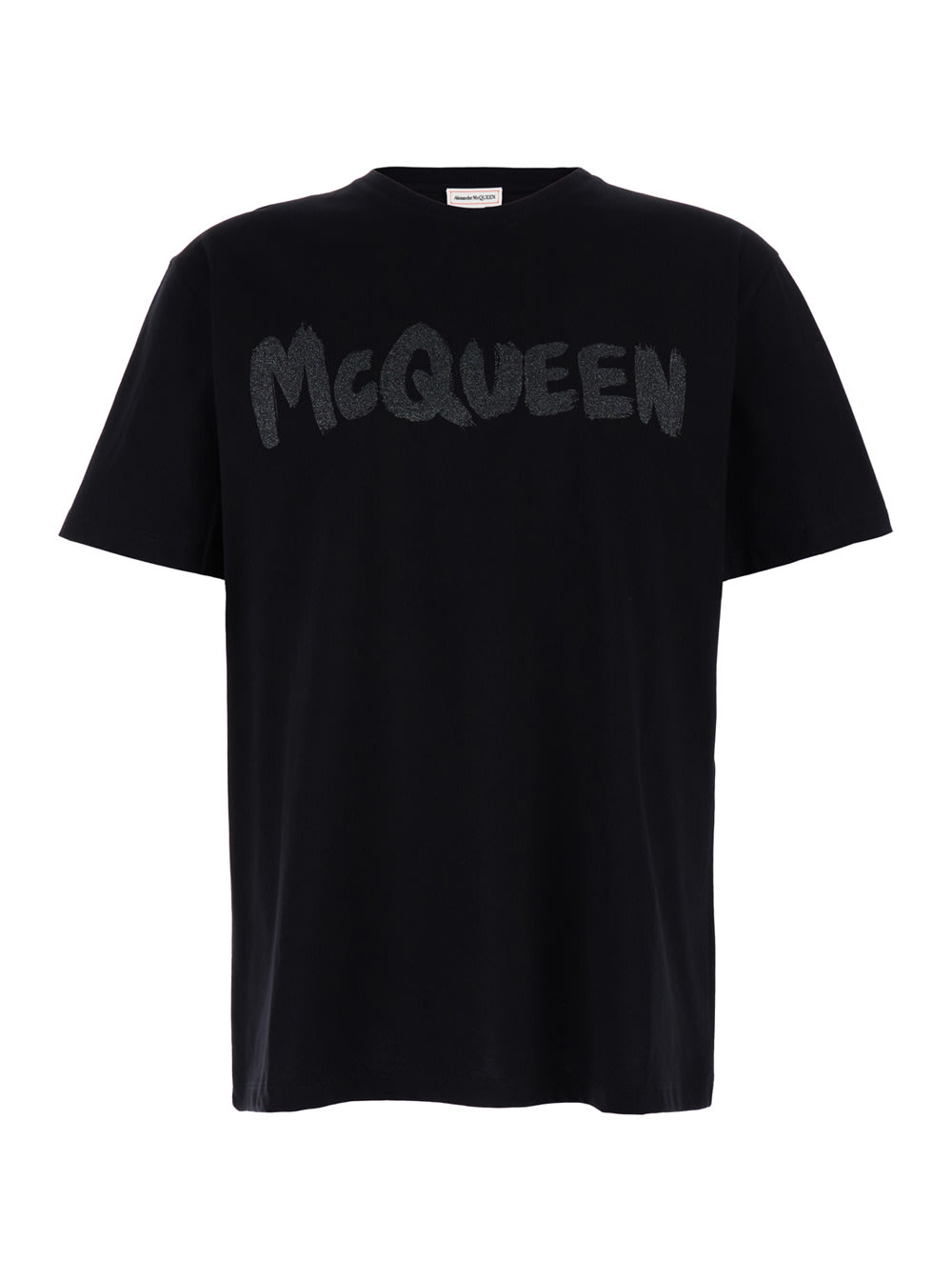 Shop Alexander Mcqueen Black T-shirt With Glitter Logo Print In Cotton Man