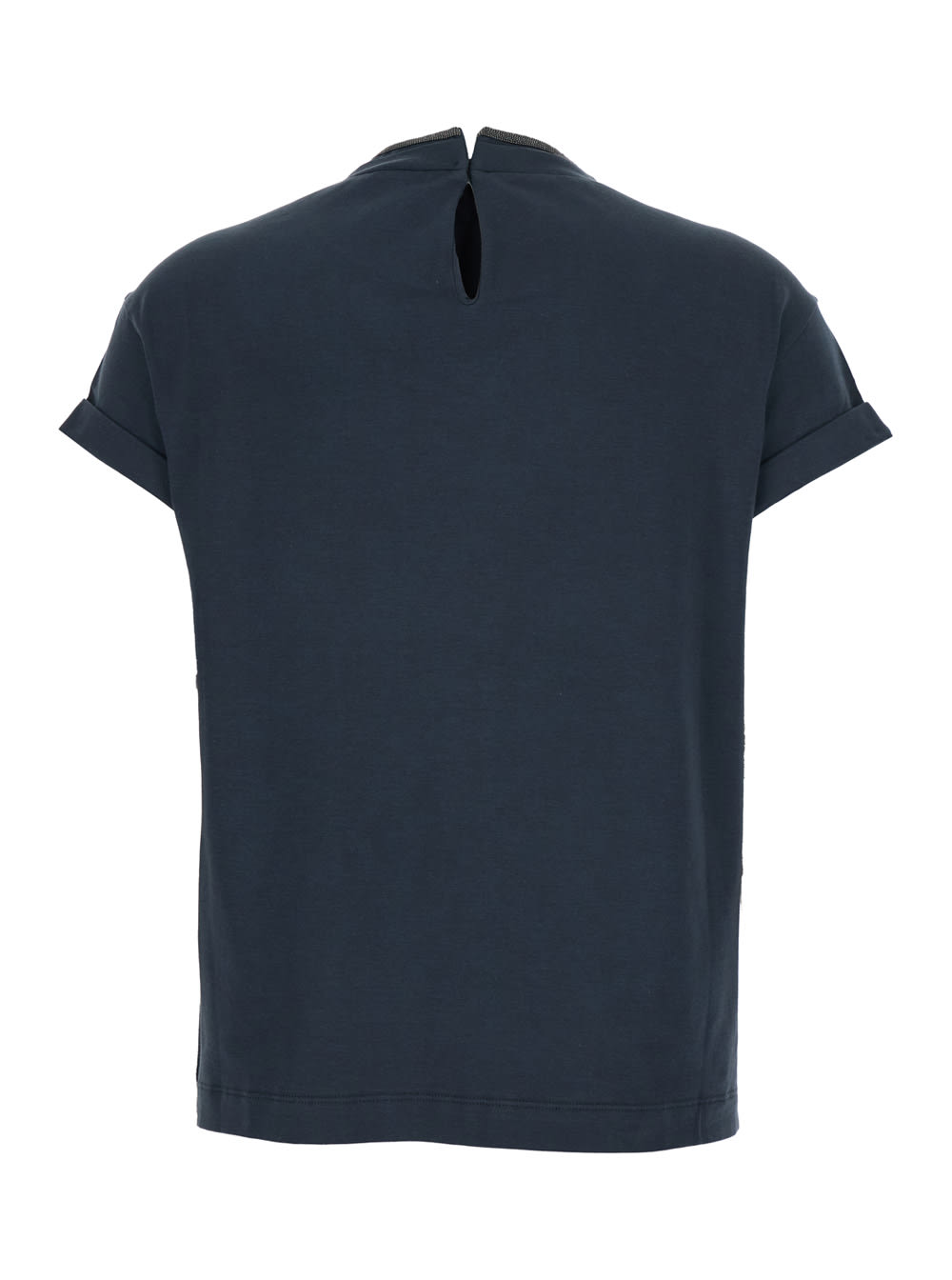 Brunello Cucinelli Blue Crewneck T-shirt With Monil Detail On The Collar And Rear Cut-out In Cotton Stretch Woman In Blue