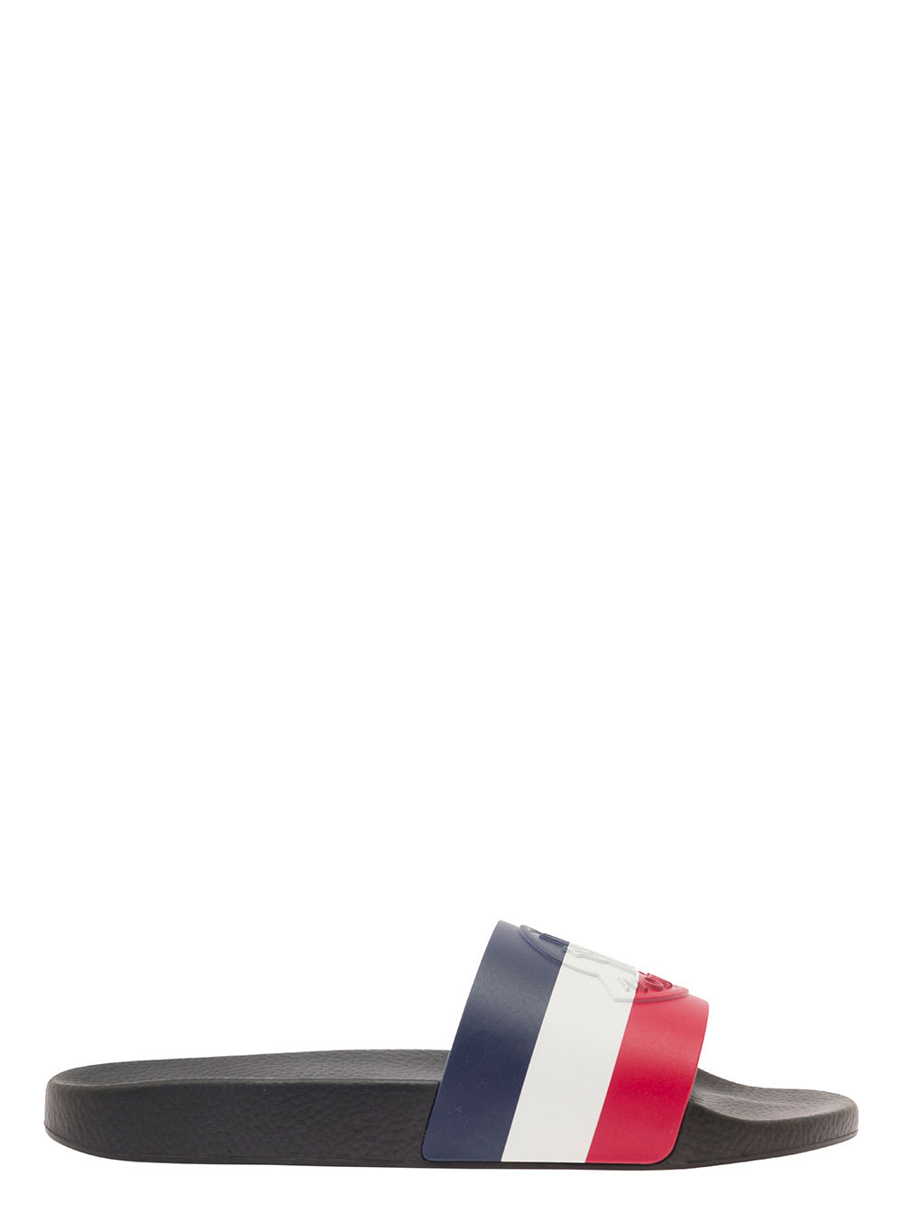 Shop Moncler Basile Blue Slides With Tricolour Toe Strap In Rubber Man In Blu/rosso/bianco