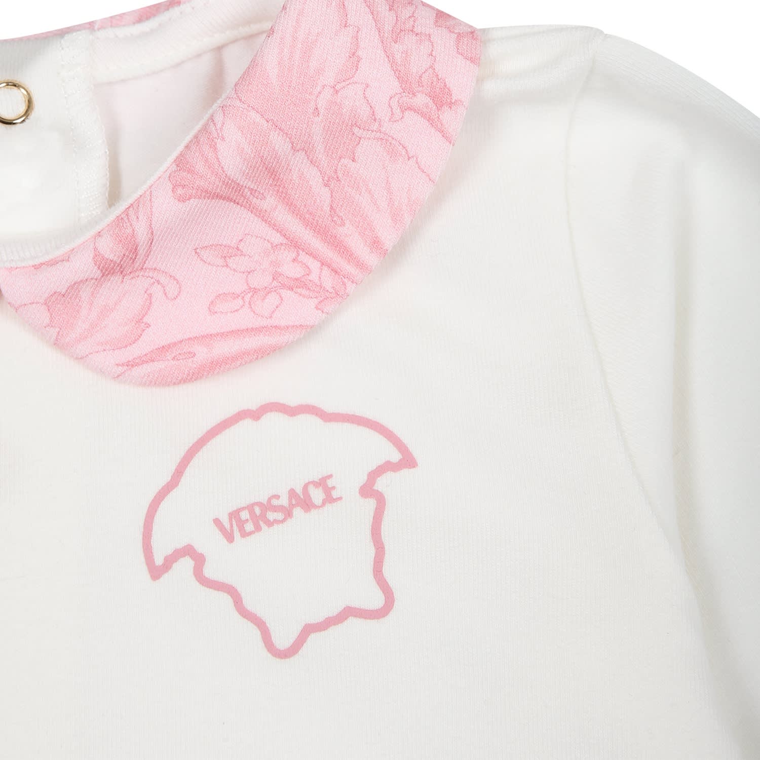 Shop Versace Pink Baby Jumpsuit With Baroque Print
