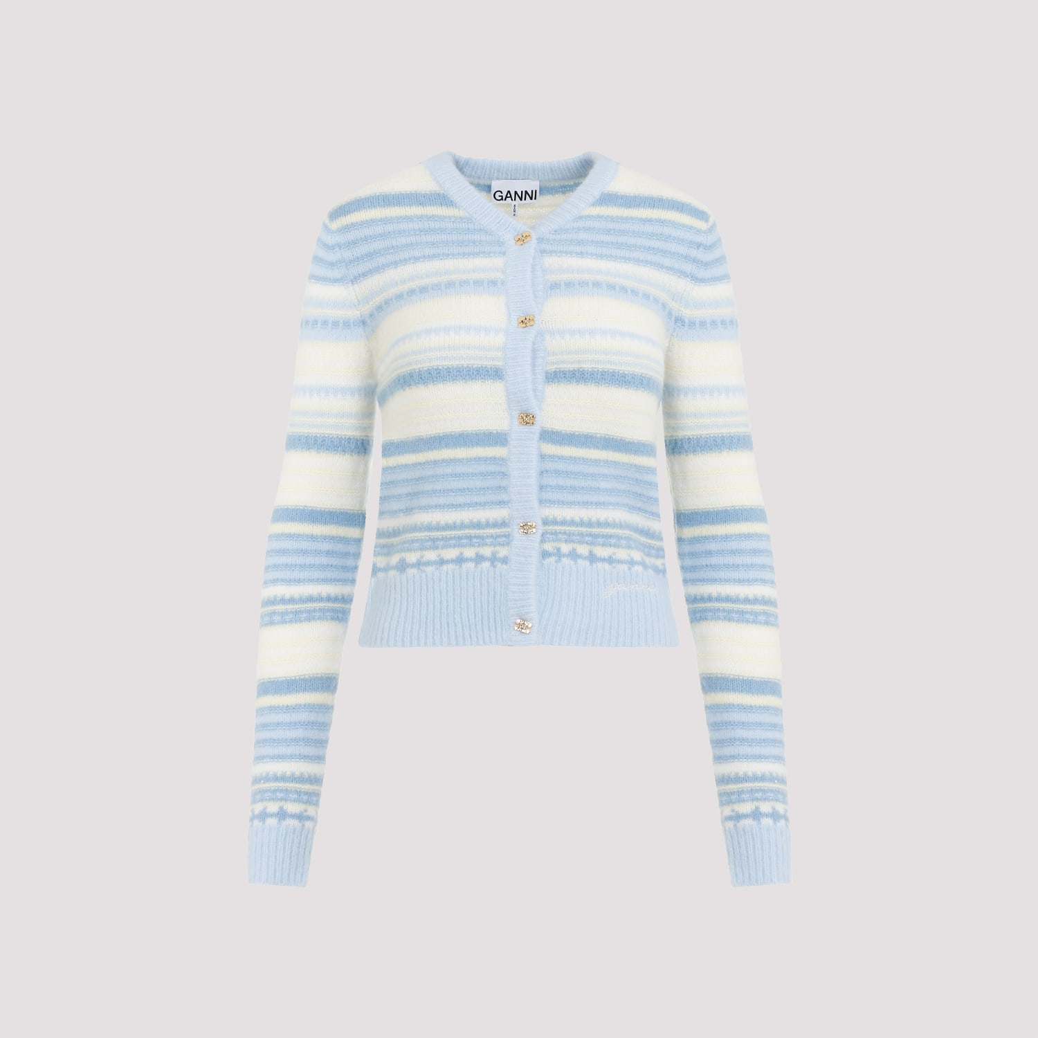 Shop Ganni Stripe Soft Wool Cardigan In Skyway