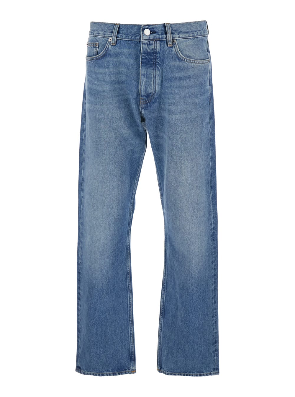 Blue Jeans With Belt Loops And Logo Patch On The Rear In Denim Man