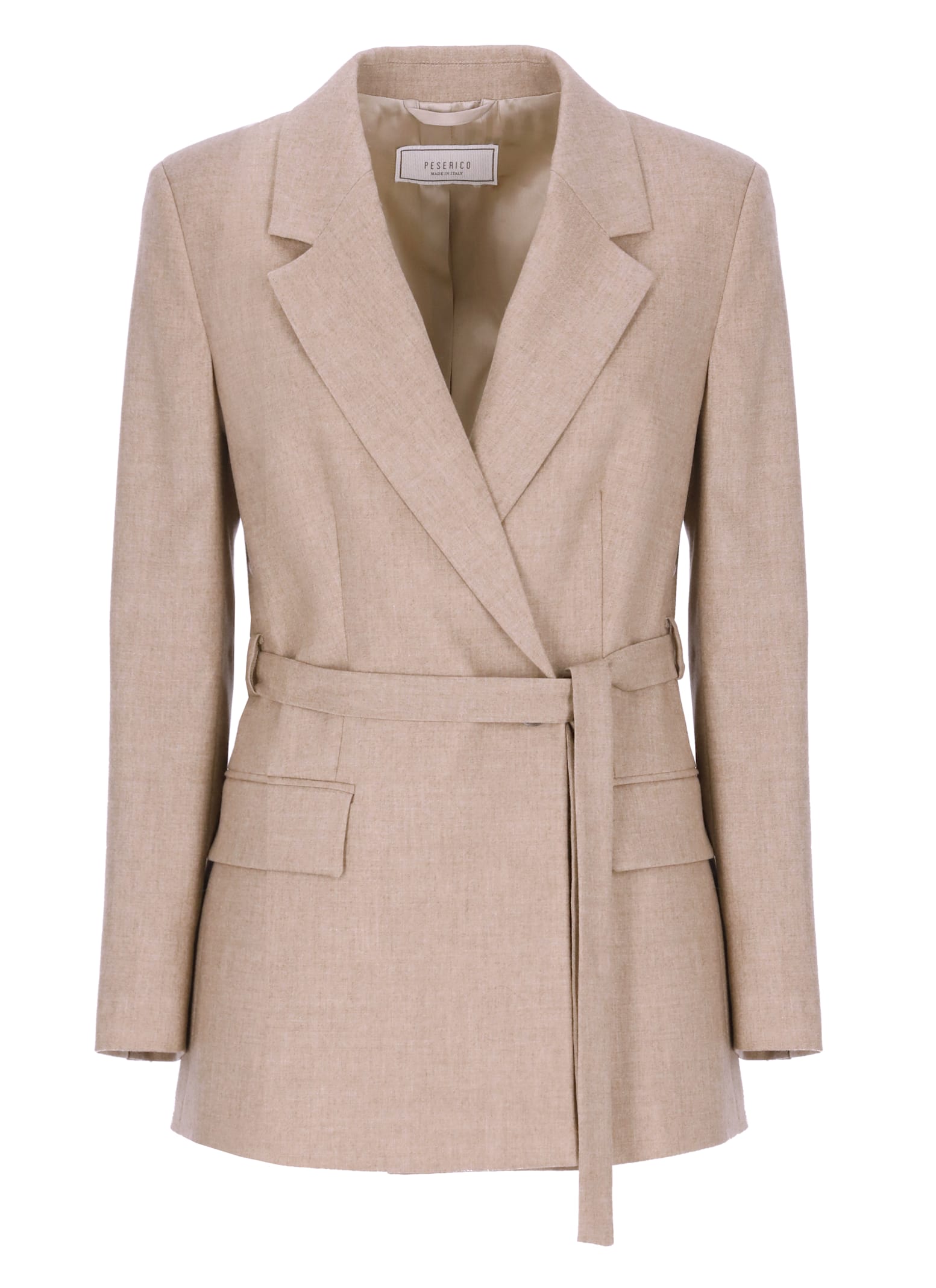 Peserico Wool Blazer With Notched Lapels And Belt In Brown