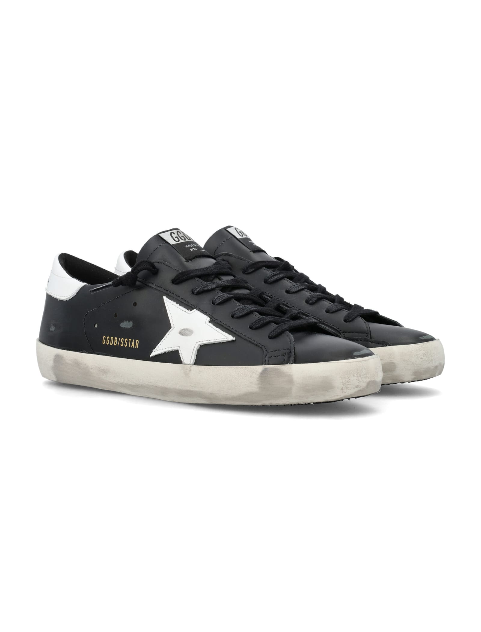 Golden Goose 'super-star' Black Low Top Sneakers With Logo Patch And Suede Details In Leather Man In Black/white