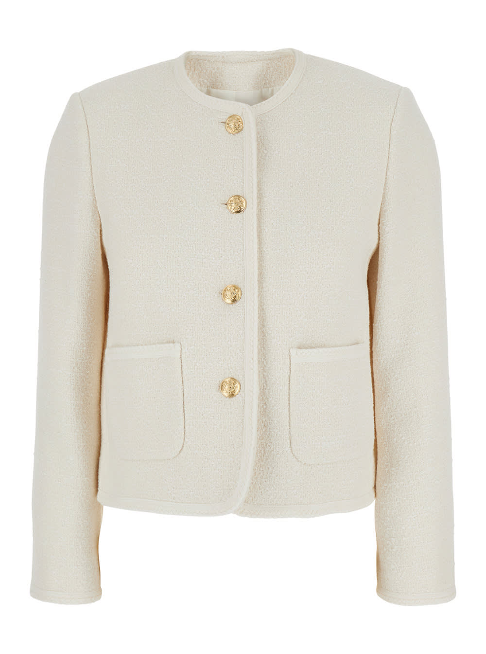White Jacket With Round Neck And Front Jewel Button Cllosure In Cotton Blend Woman