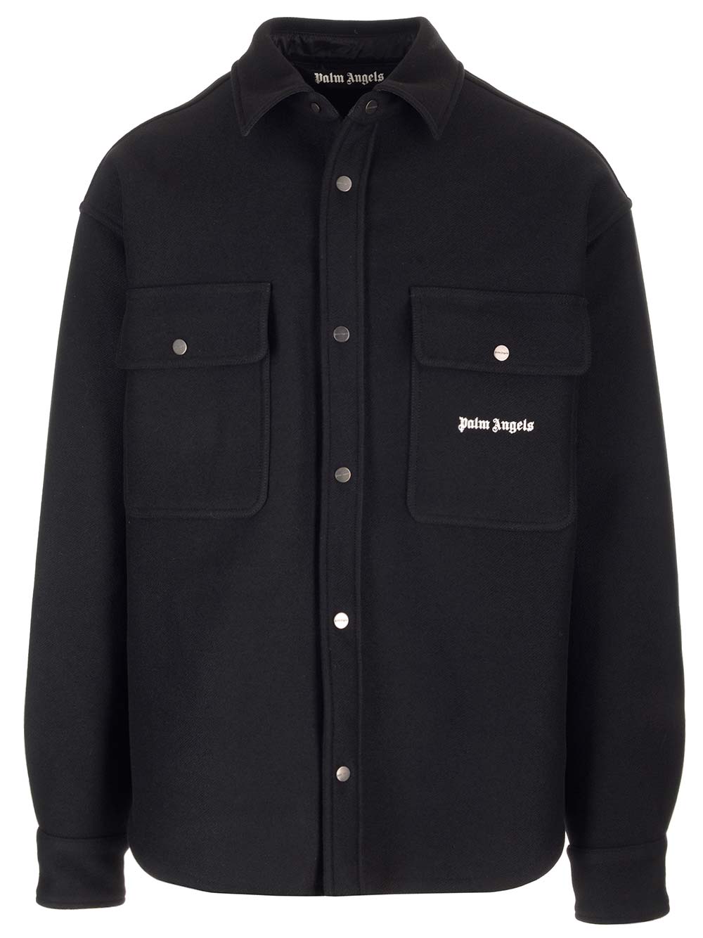 Shop Palm Angels Black Wool Overshirt With Logos In Nero/bianco