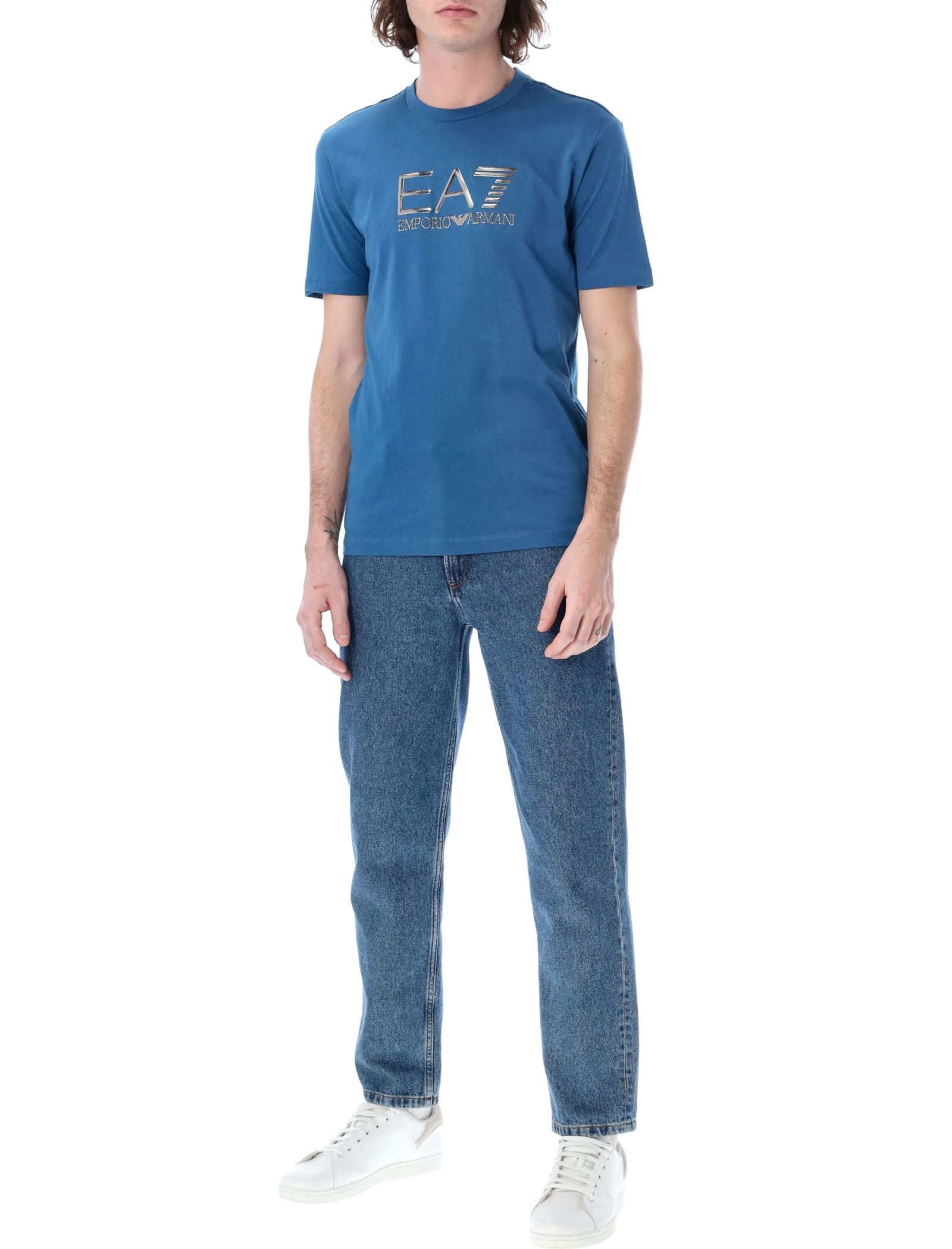 Shop Ea7 Lux Identity Pima Cotton T-shirt In Blue