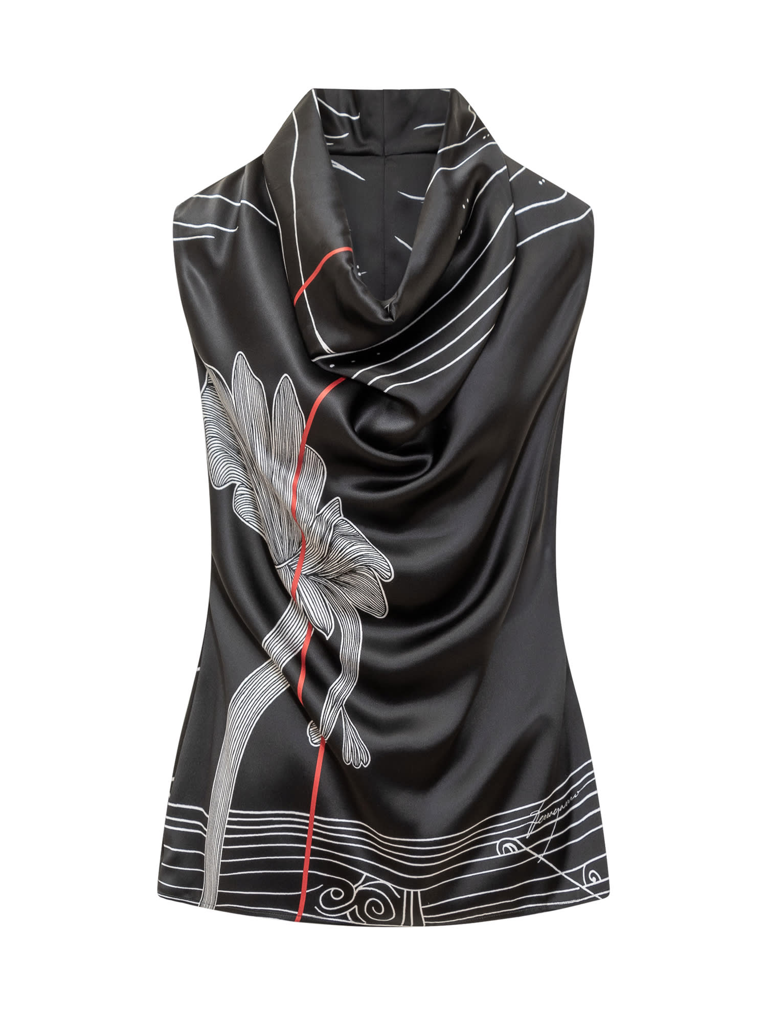 Shop Ferragamo Graphic Printed Draped-neck Sleeveless Top In Nero