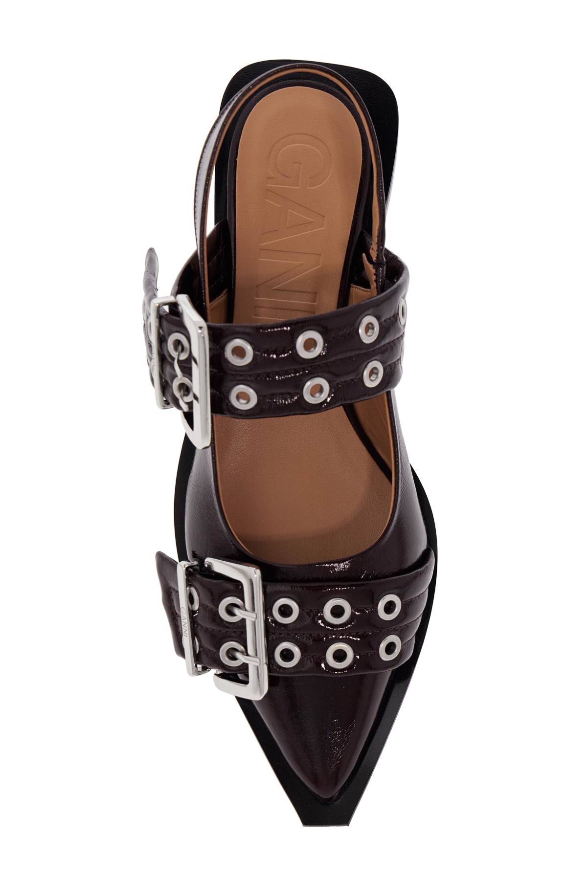 Ganni Buckled Eyelet-embellished Recycled Denim Ballet Flats In Burgundy