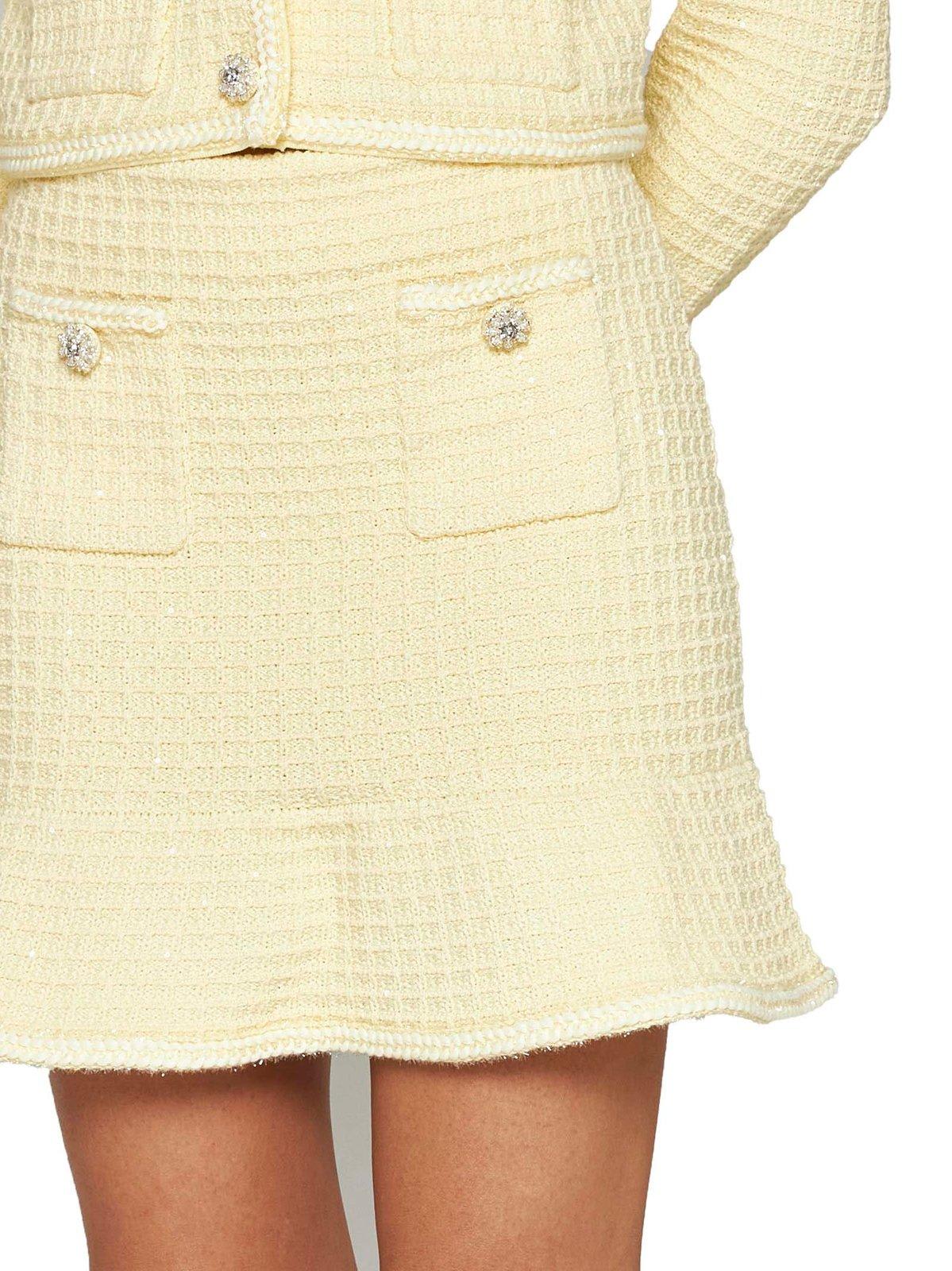 Shop Self-portrait Embellished Flared Tweed Mini Skirt In Yellow