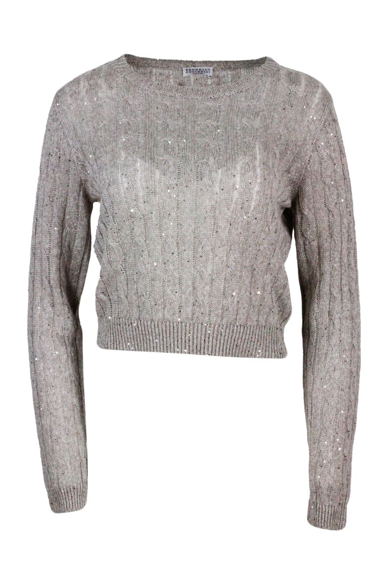 Brunello Cucinelli Lightweight Long-sleeved Shirt In Linen Blend With Cable Knit And Embellished With Applied Micro Sequins