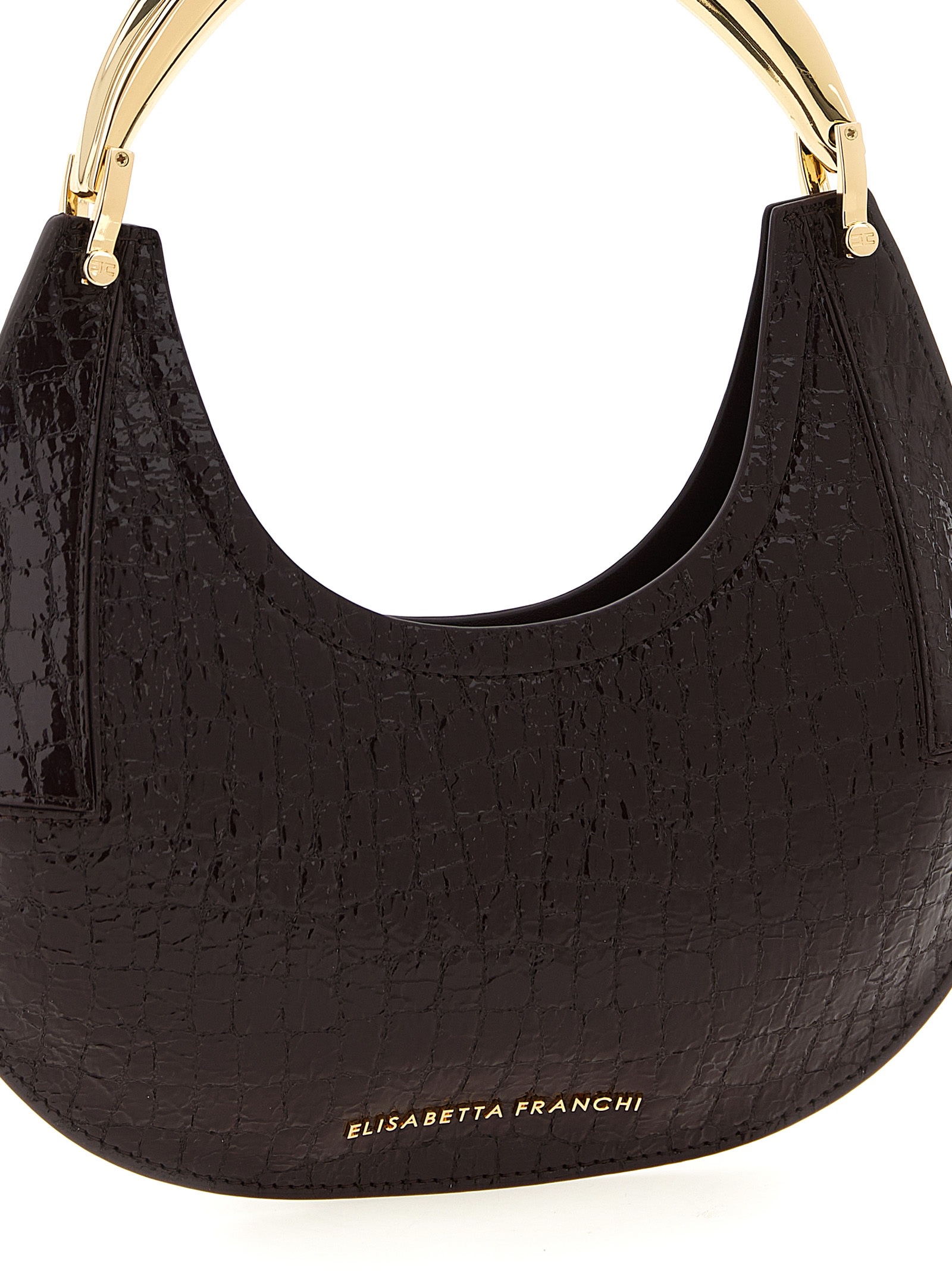 Elisabetta Franchi Small Hobo Crocodile-effect Metal-top-handle Shoulder Bag In Brown