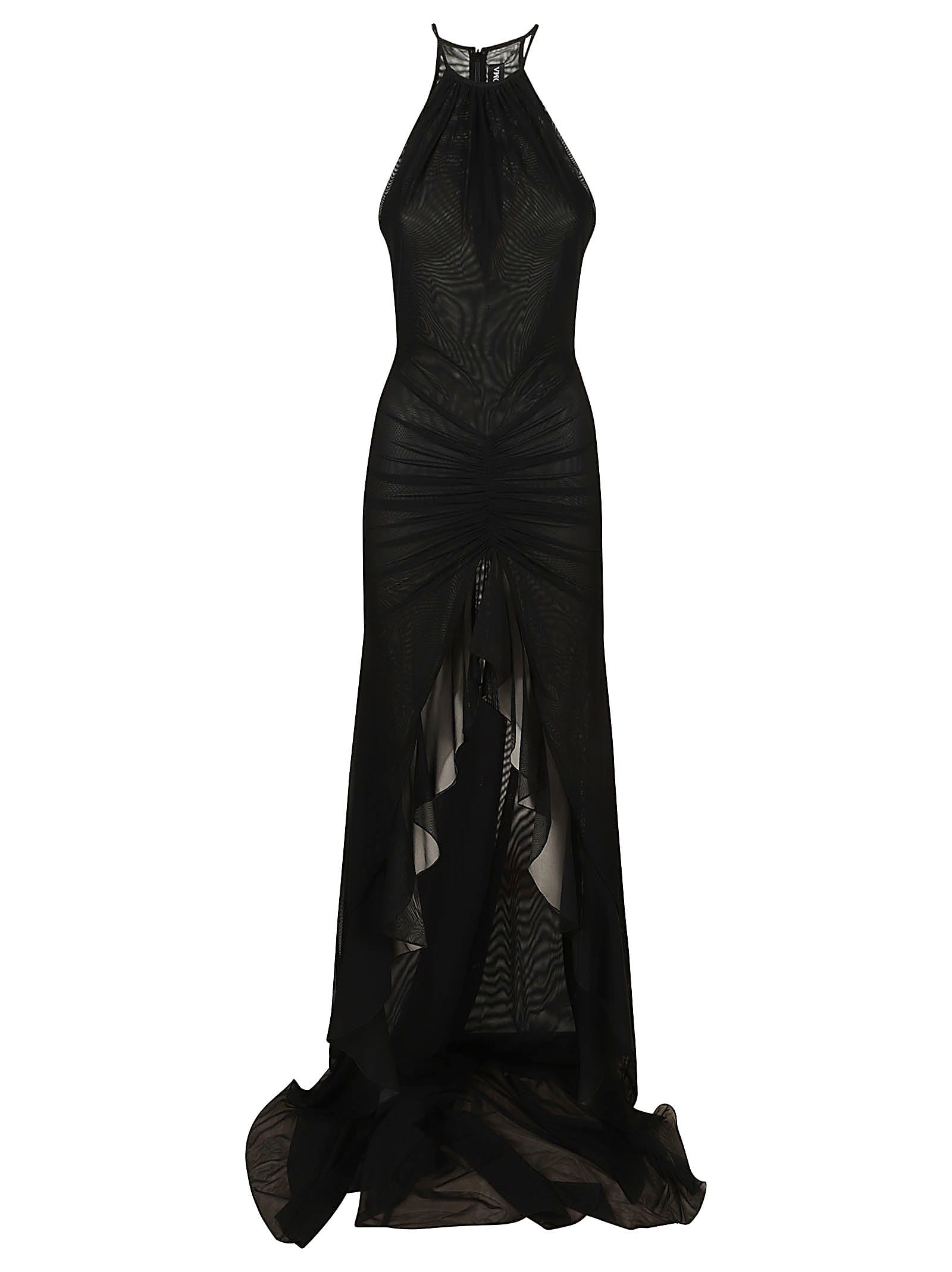 David Koma Ruched Front & Ruffle Hem Detail Mesh Gown In Black