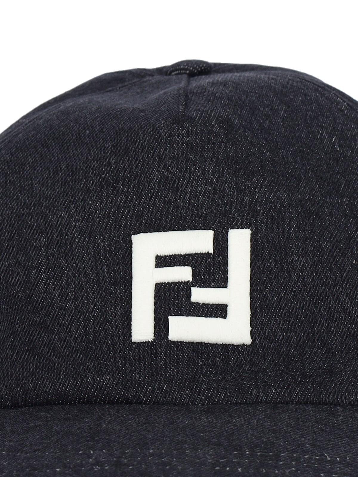 Fendi Men Denim Baseball Hat With Logo Embroidery In Black