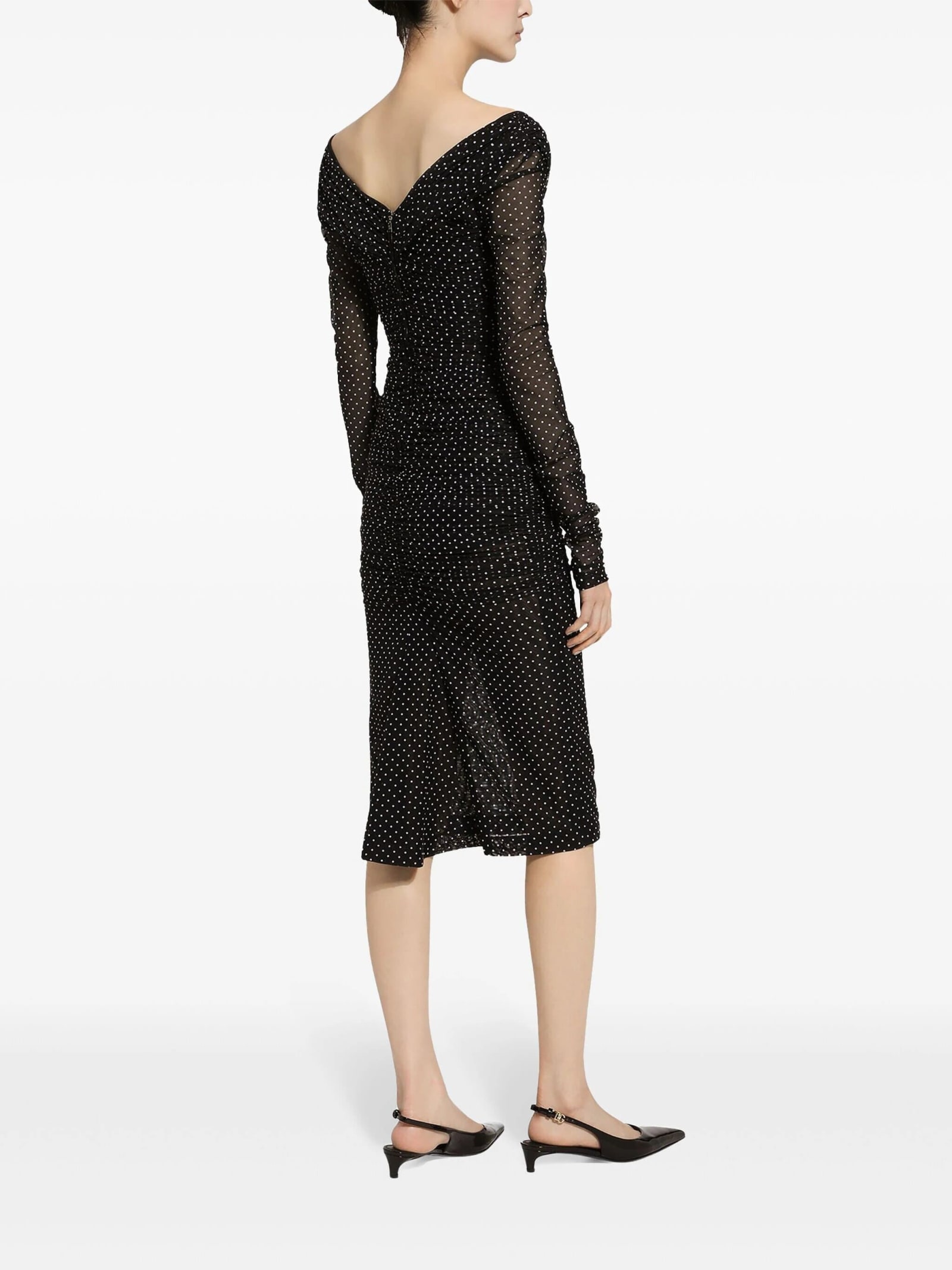 Dolce & Gabbana Tulle Calf-length Dress With Draping And Polka-dot Print In Black