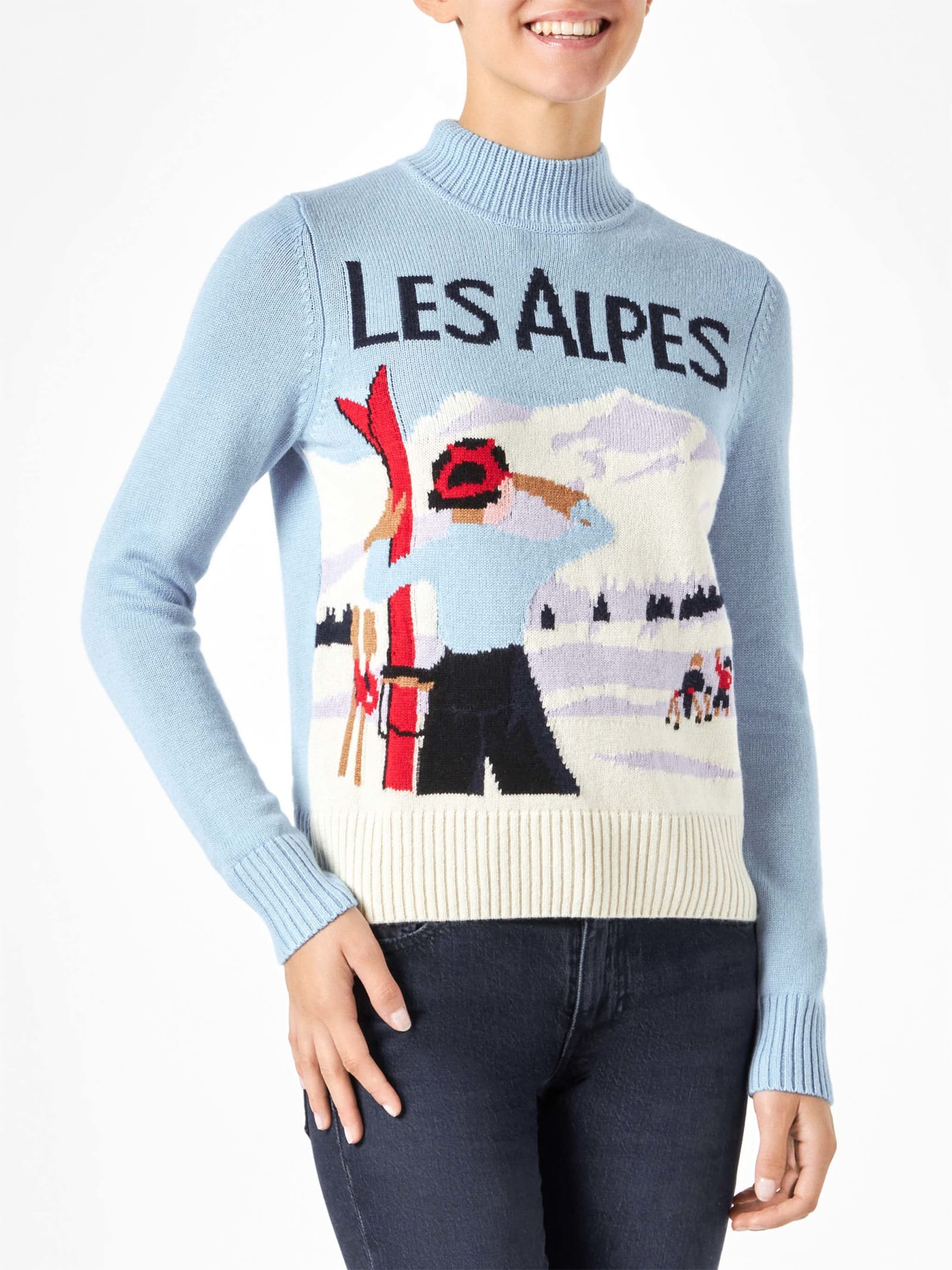 Shop Mc2 Saint Barth Woman Crewneck Sweater With Mountains Postcard In Blue