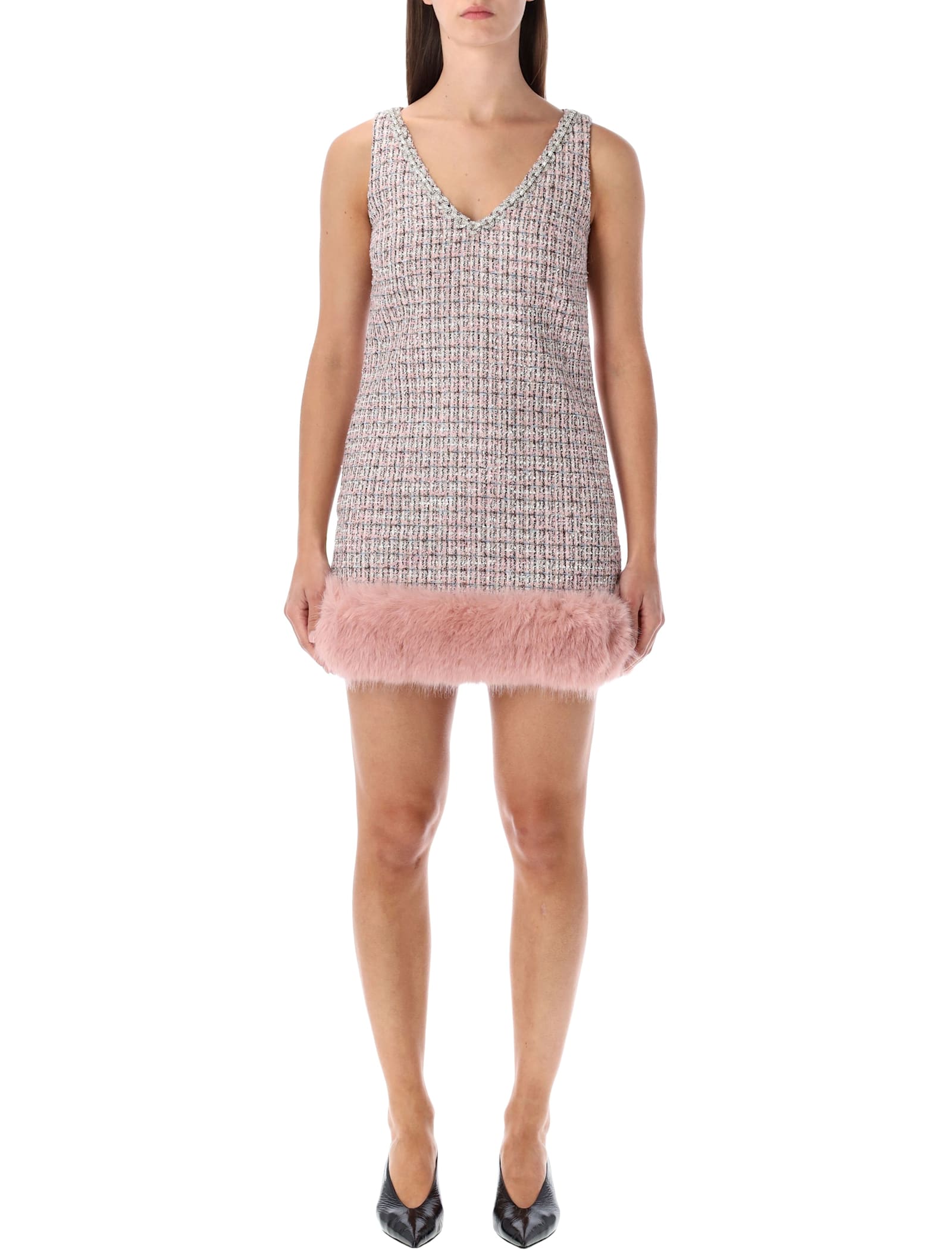 Self-portrait Bouclé Mini Dress With Faux Fur Hem In Neutral