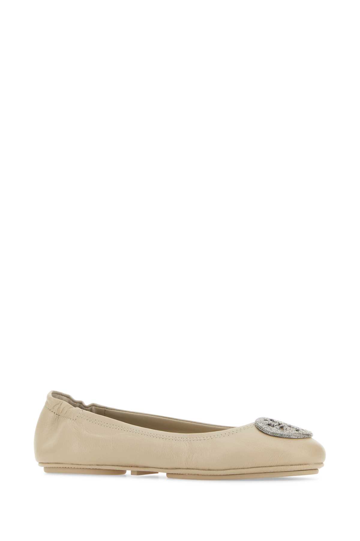 Tory Burch Sand Nappa Leather Minnie Ballerinas In Stonegraysilver