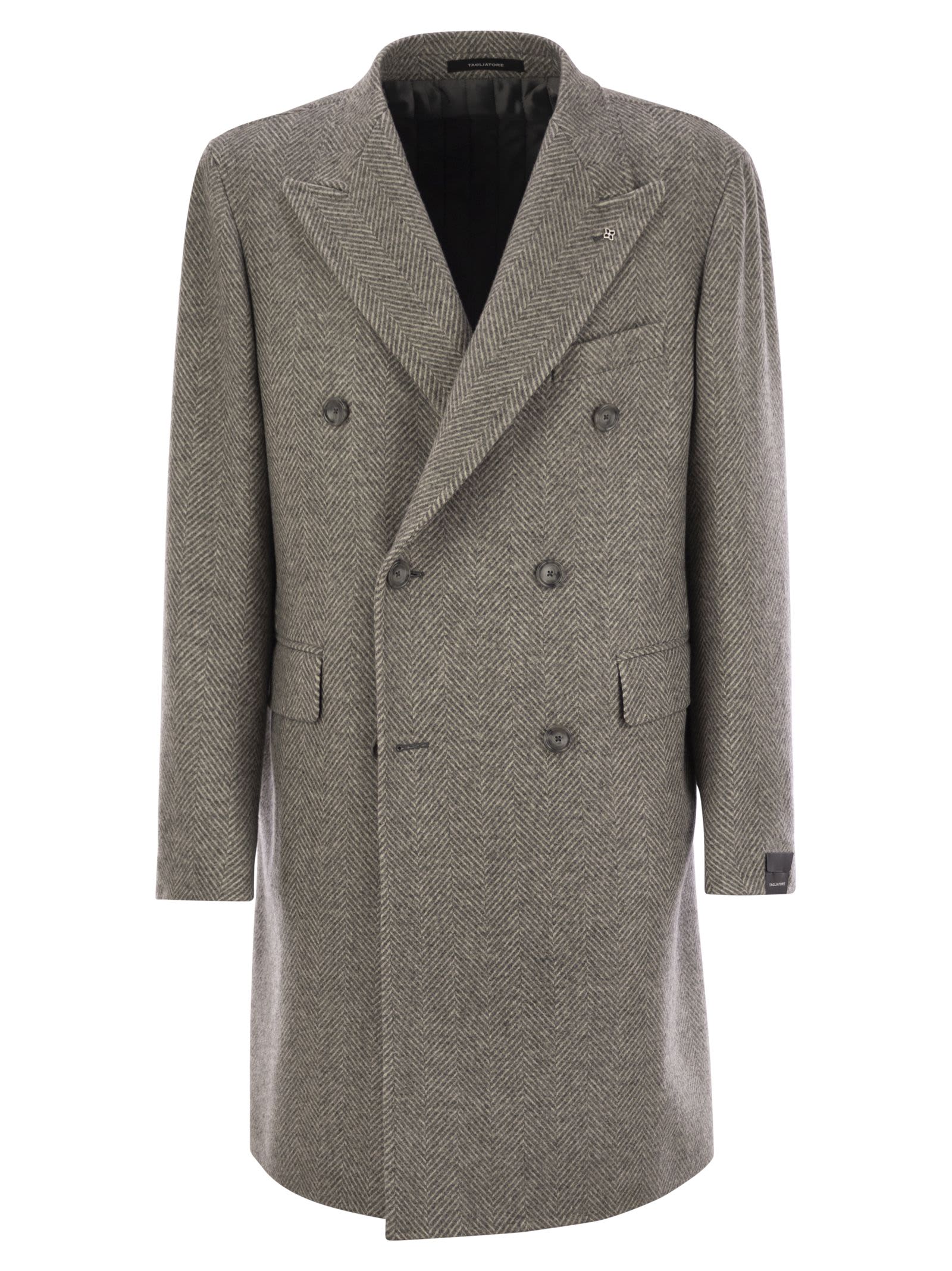 Shop Tagliatore Herringbone Coat In Virgin Wool And Cashmere In Grey