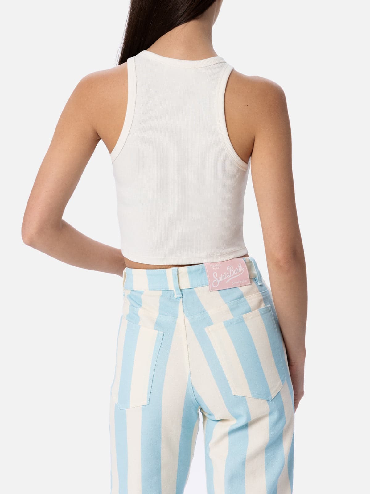 Mc2 Saint Barth Woman Rib-knit Cotton Crop Tank With Saint Barth Beach Club Embroidery In White