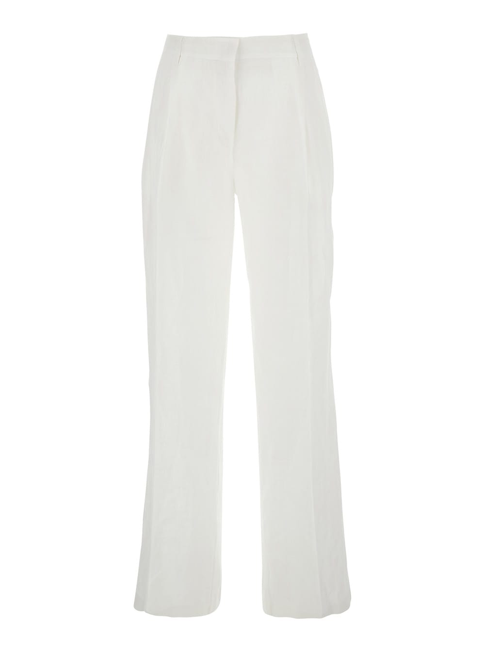 White Pants With Belt Loops And Pence Details In Linen Woman