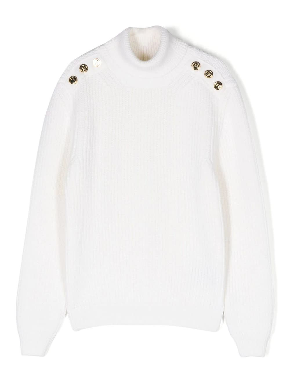 Balmain Kids White Ribbed High Collar Sweater With Gold Embossed Buttons