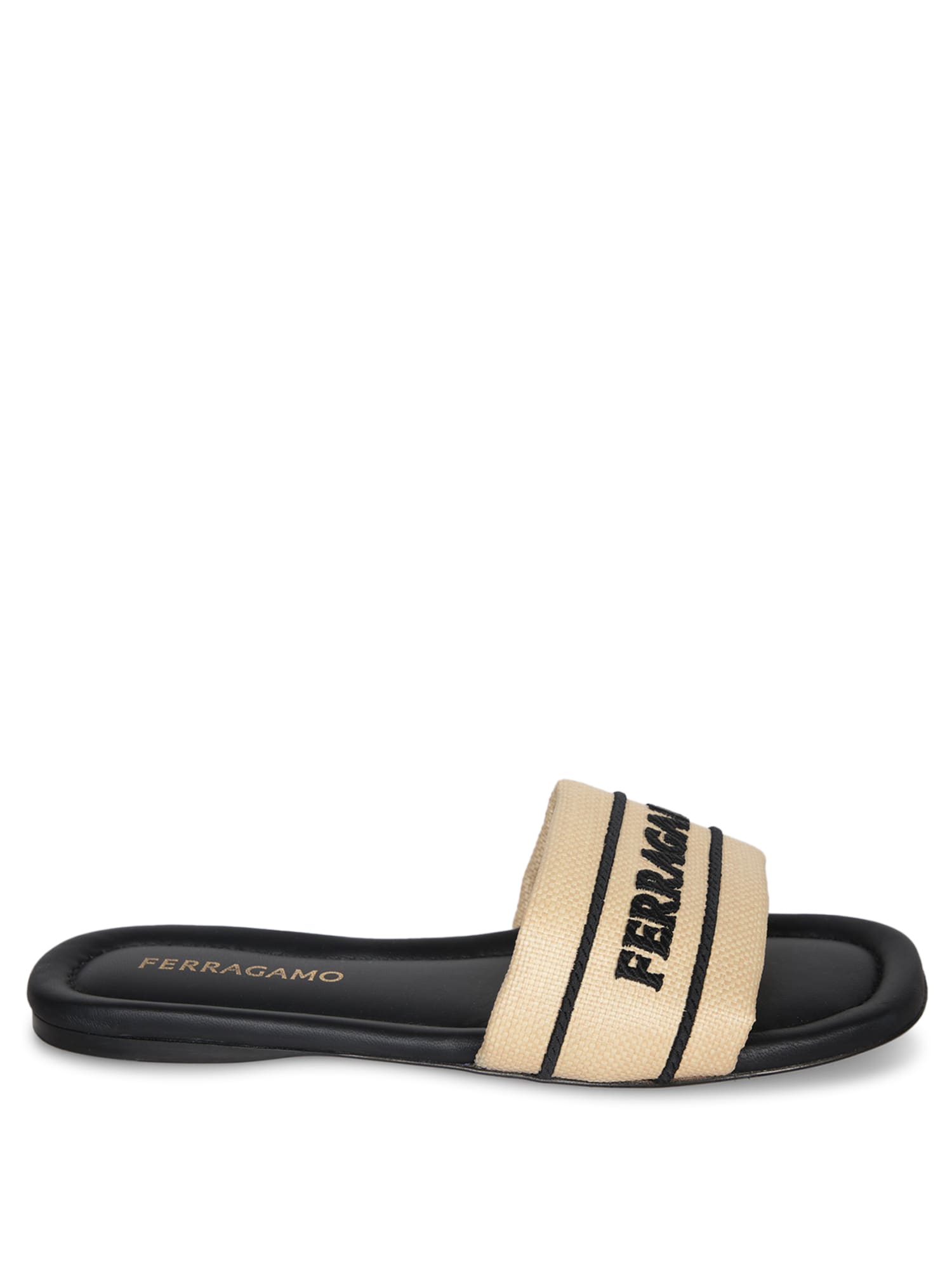Ferragamo Nappa Raffia Black Sandals In Multi