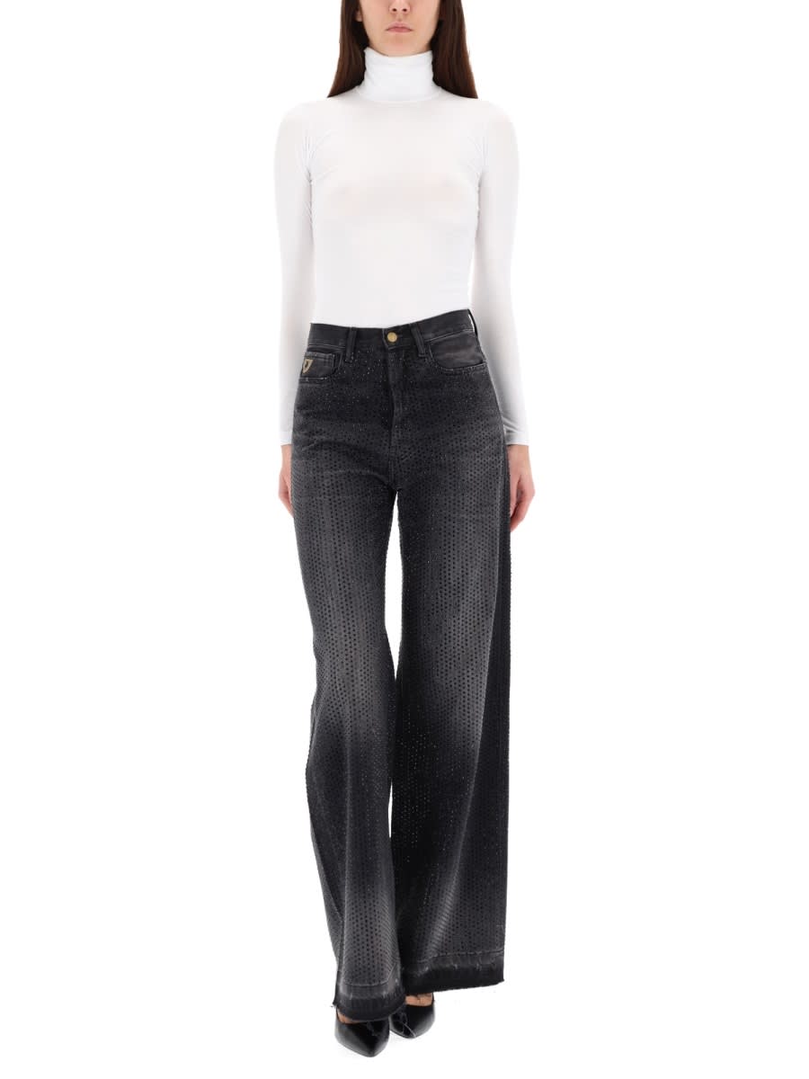 Lois Wide-leg Black Jeans With Subtle Dotted Pattern And Edgy Appeal In Black