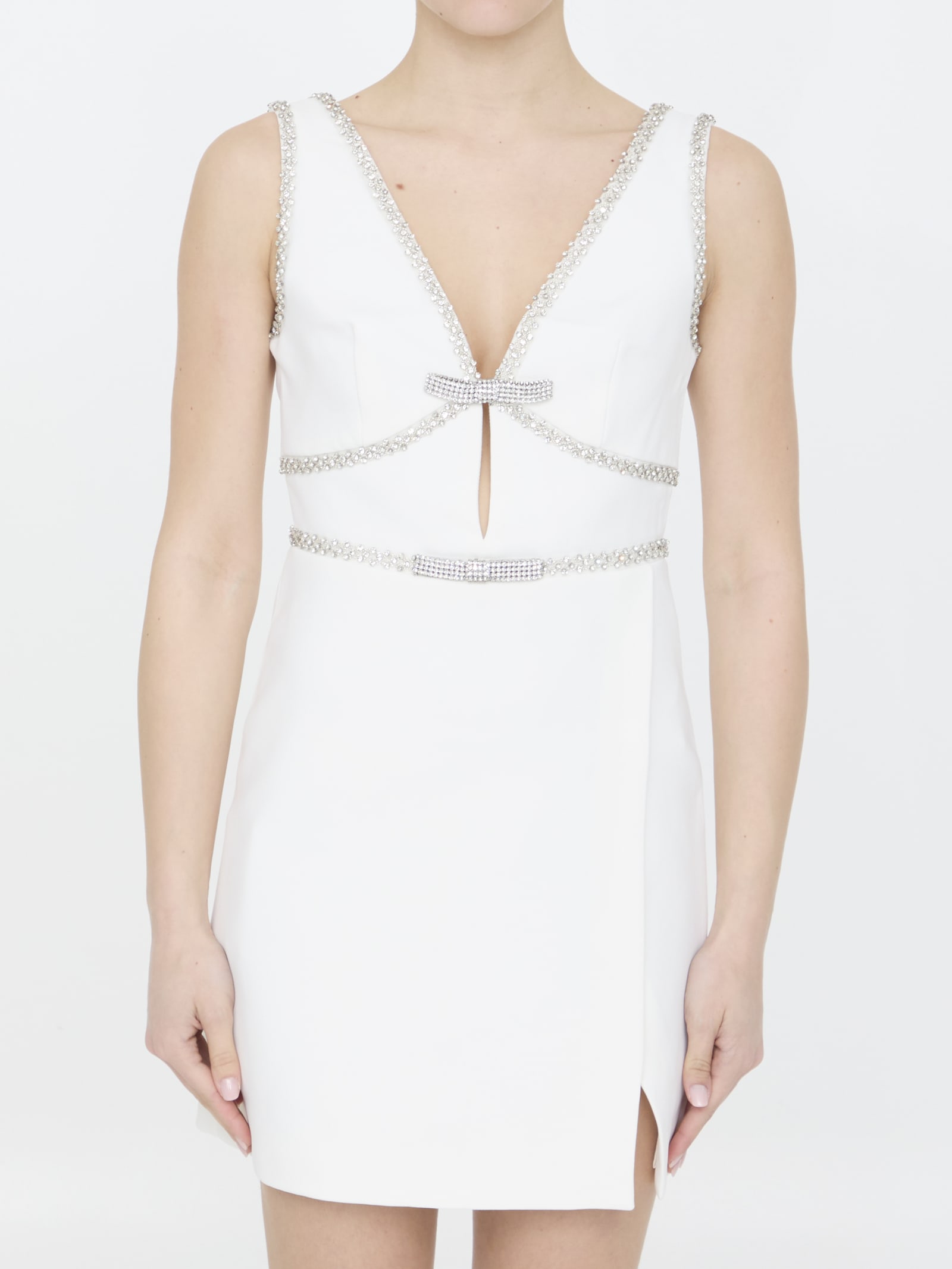 Shop Self-portrait Bonded Crepe Bow Mini Dress In White