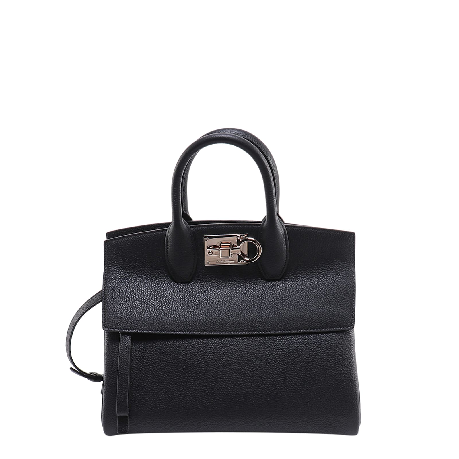 Ferragamo Textured Leather The Studio Handbag With Iconic Gancini Closure In Black