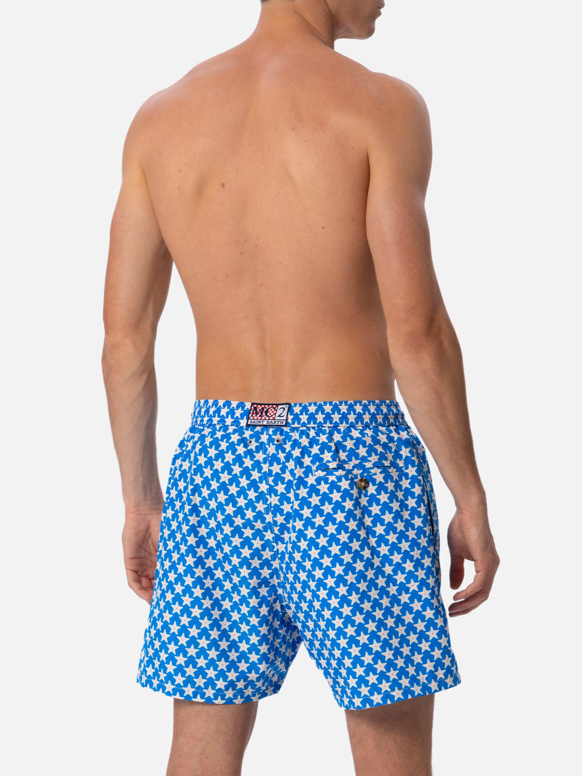 Mc2 Saint Barth Man Lightweight Fabric Swim-shorts Lighting 70 With Seastars Print In Sky