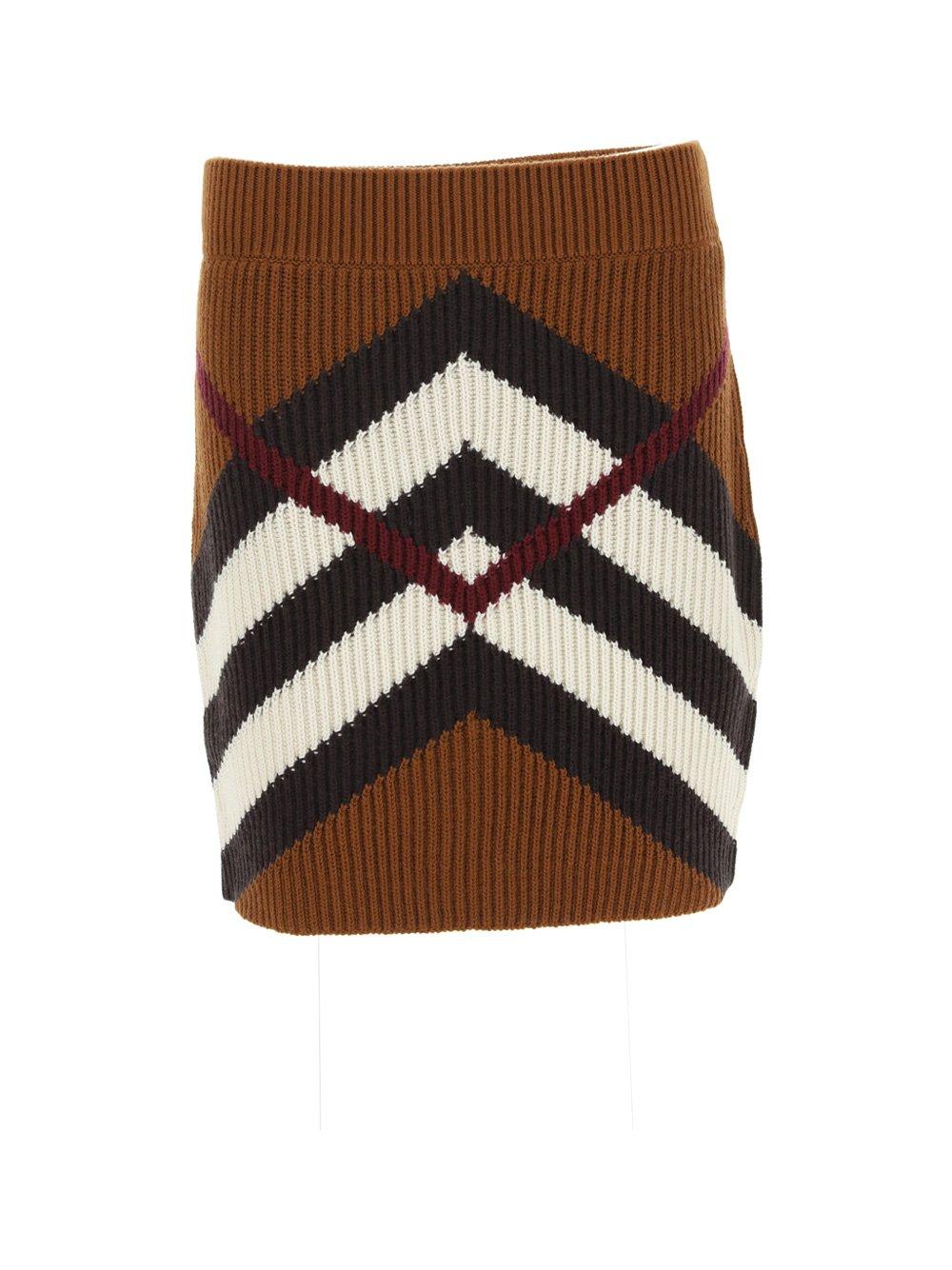 Shop Burberry Checked Knitted Mini Skirt In Brown